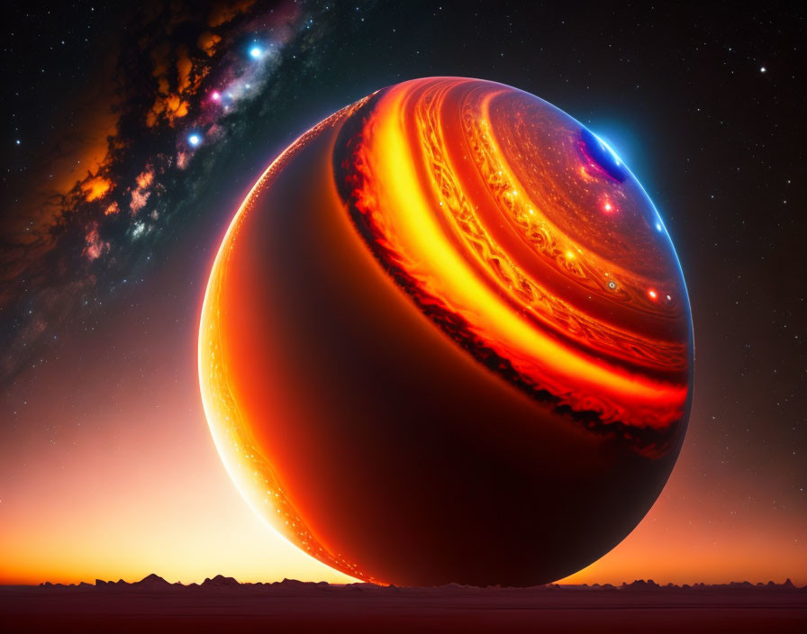 Colorful Giant Planet Artwork Against Starry Sky and Desert Landscape