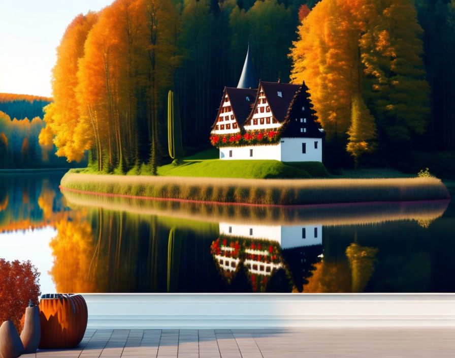 Tranquil autumn lake scene with house, trees, and pumpkins