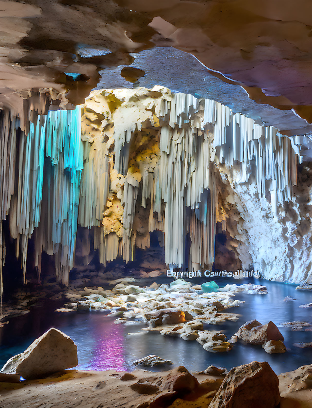 Majestic cave interior with stalactites, natural light, and tranquil water.