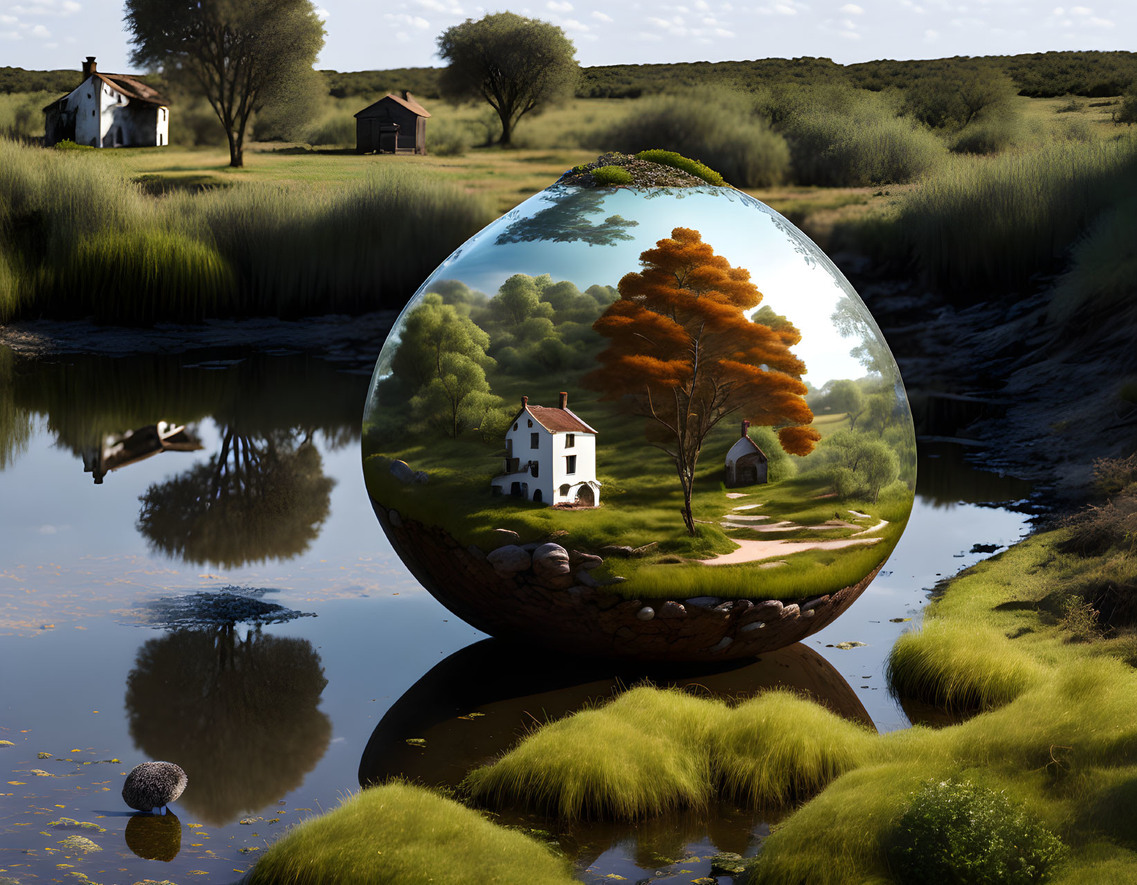 Surreal landscape featuring large egg-shaped object, serene house, autumnal tree, tranquil river.