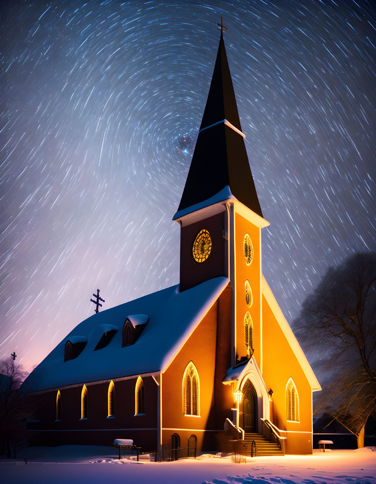 Nighttime church with illuminated windows under starry sky and snow-covered surroundings.