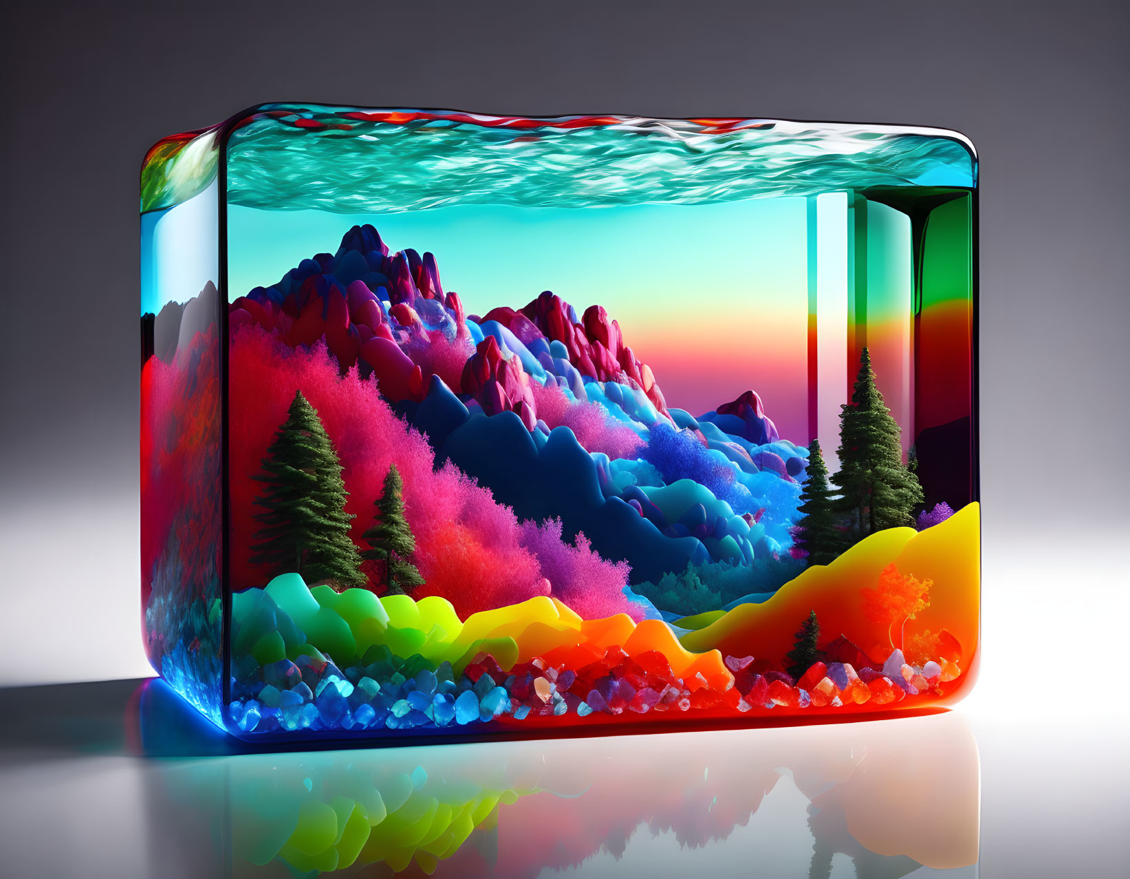 Colorful 3D surreal landscape in transparent cube with stylized mountains and trees