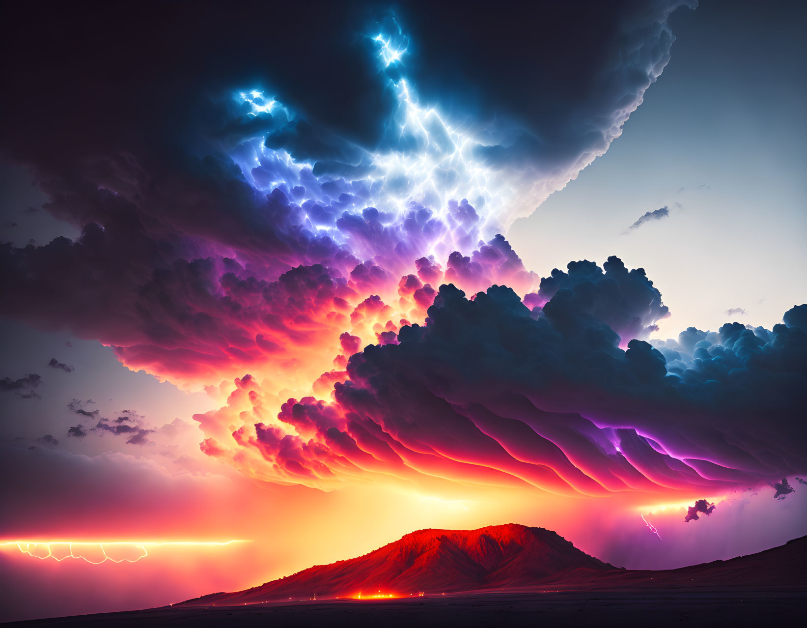 Vibrant thunderstorm with lightning over purple and pink clouds above dark mountains