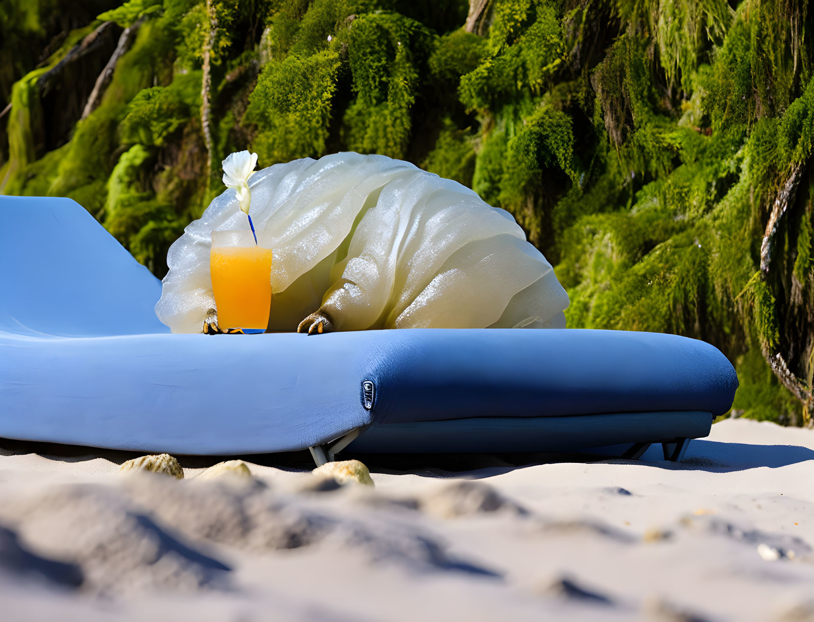 Sunny Beach Scene with Sunbed, Towel, and Orange Juice