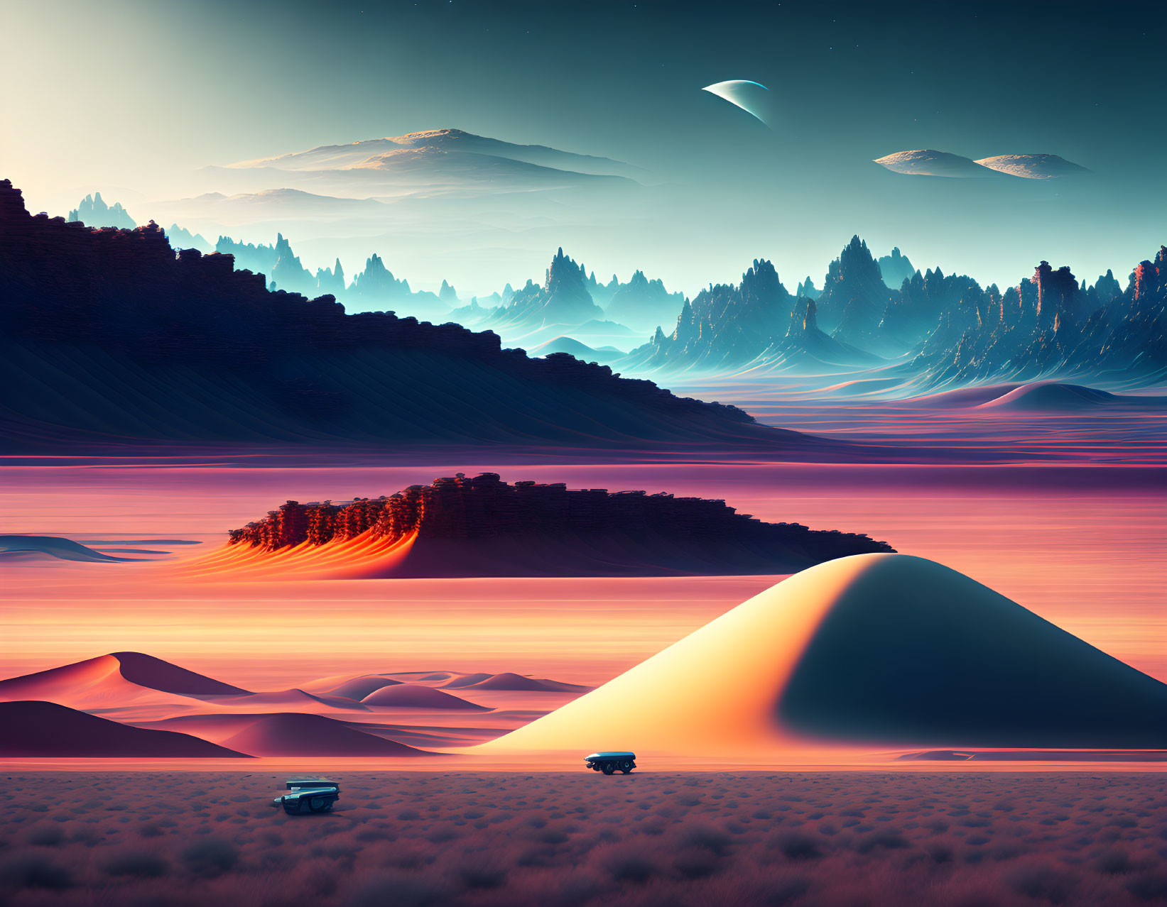 Colorful surreal landscape with mountains, dunes, forest, vehicles, and alien craft.