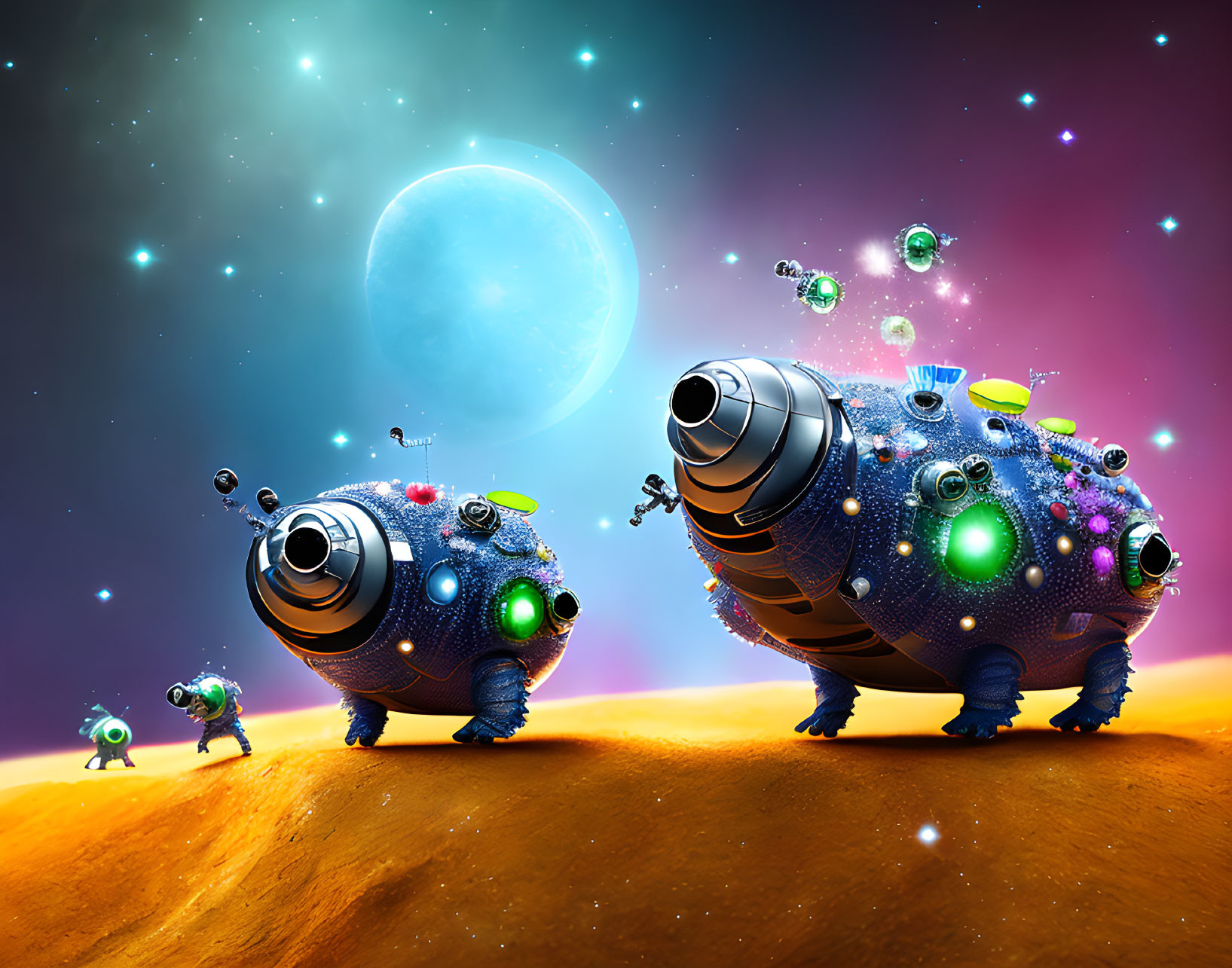 Whimsical spacecrafts and robotic creatures on alien planet with blue moon and starry sky