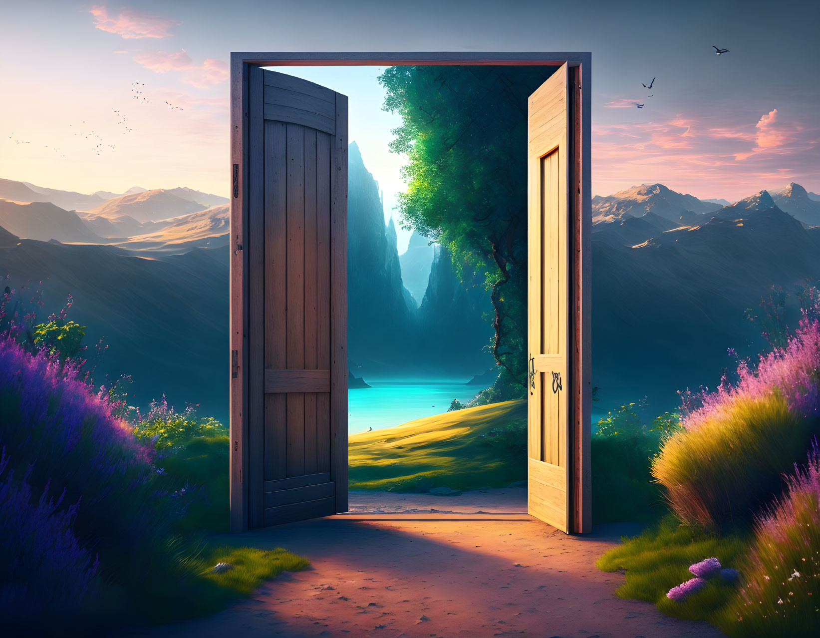 Freestanding door reveals magical landscape with mountains, lake, and lush greenery under twilight sky.