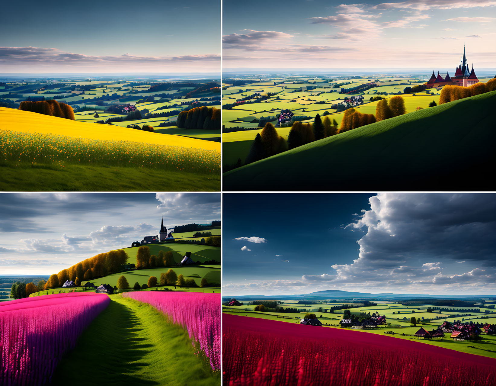 Vibrant landscapes with rolling hills, colorful fields, church, and dramatic skies