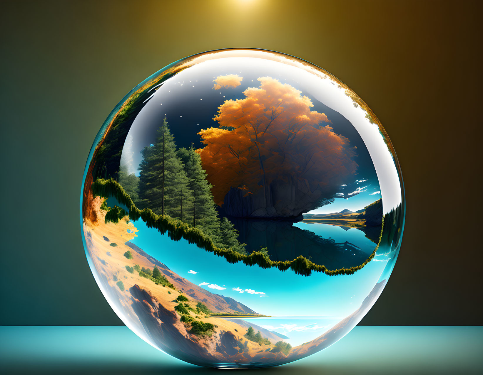 Transparent sphere with autumn landscape encapsulated against dual-toned background