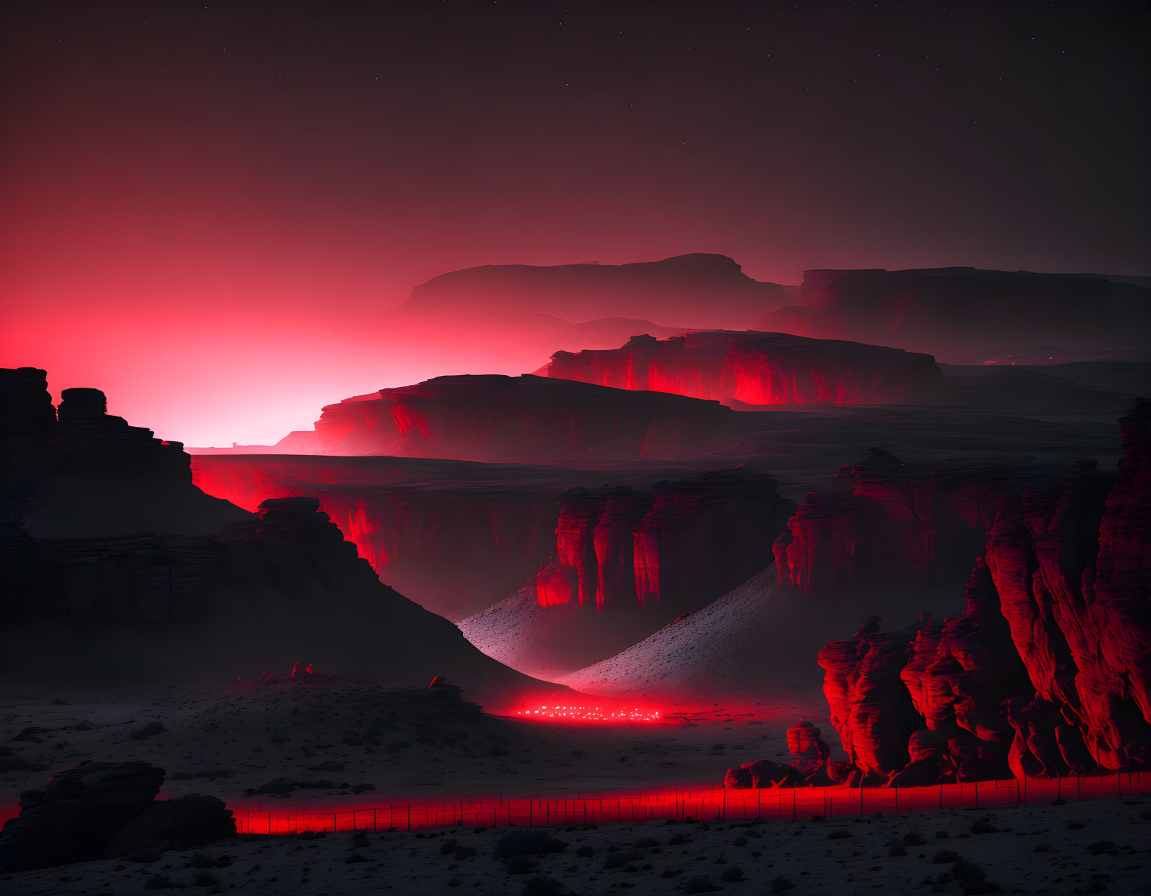 Surreal night landscape with towering cliffs and glowing red sky