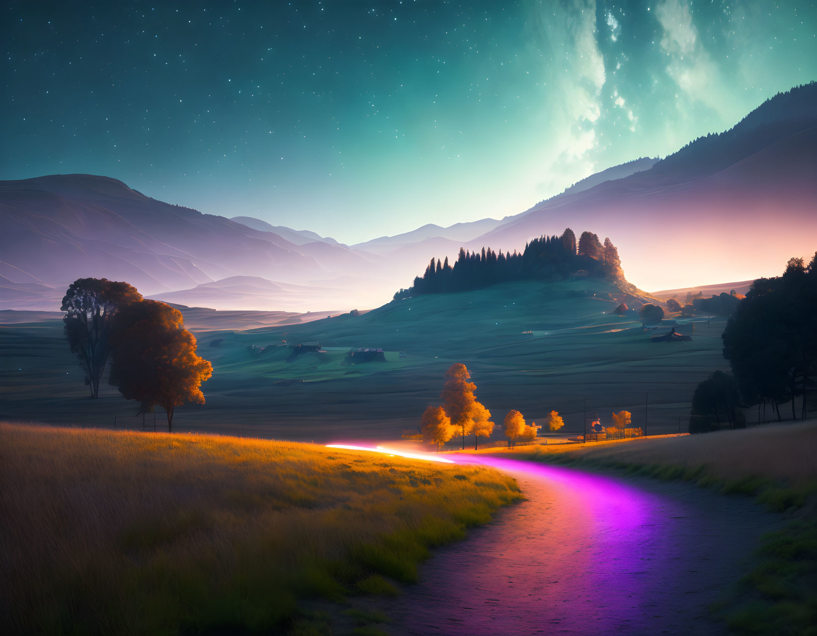 Surreal landscape with vibrant purple-lit path, golden fields, rolling hills, starry twilight