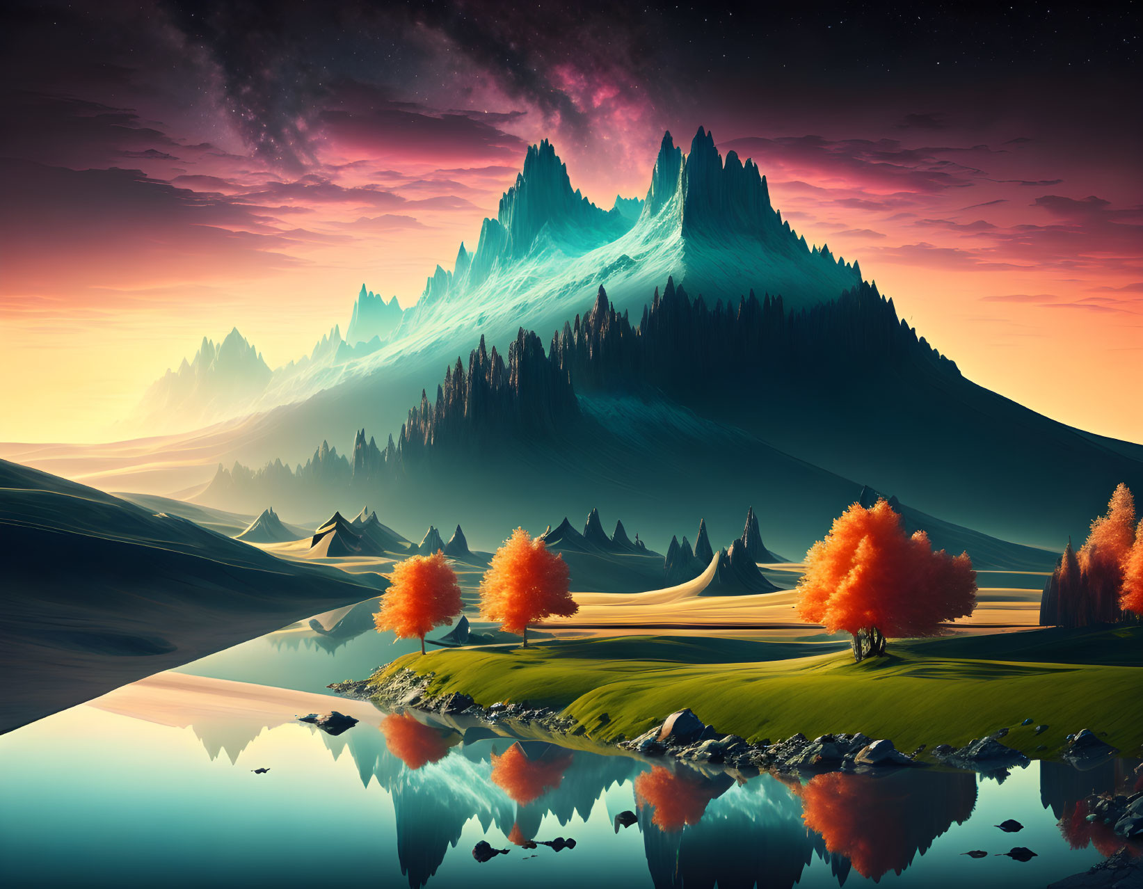 Surreal mountain range reflected in serene lake under starry sky