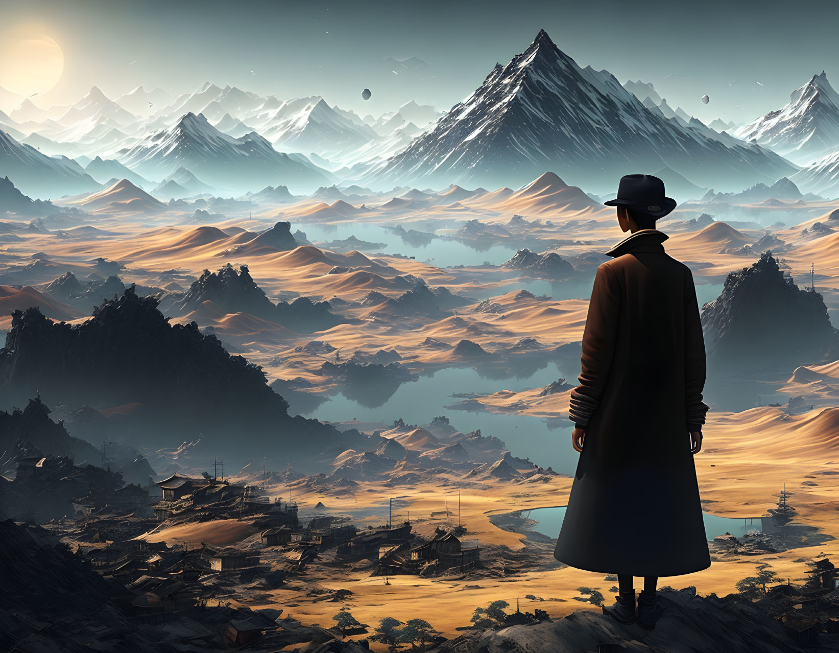 Person in coat and hat gazes at village, hills, and snowy mountains under two moons