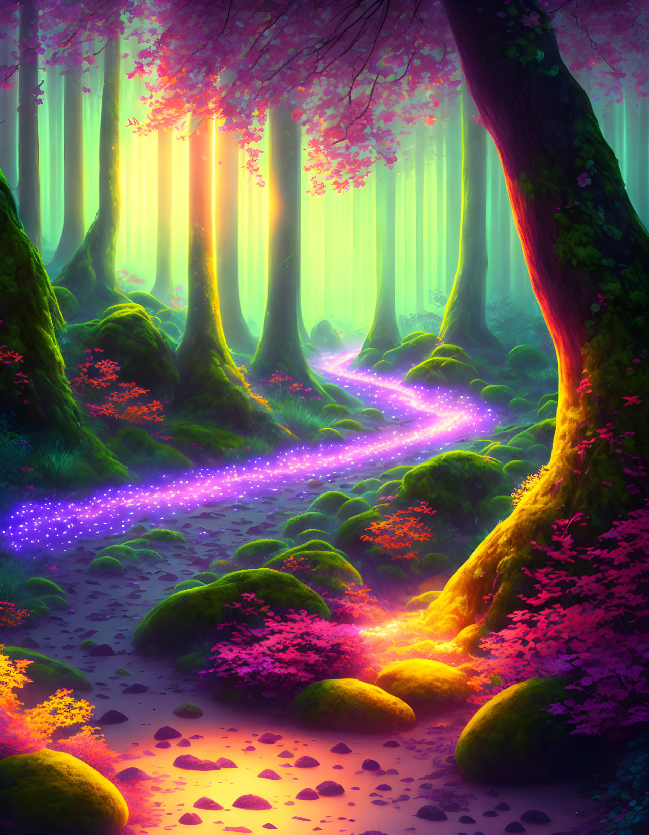 Vibrant pink trees, glowing purple path in magical forest