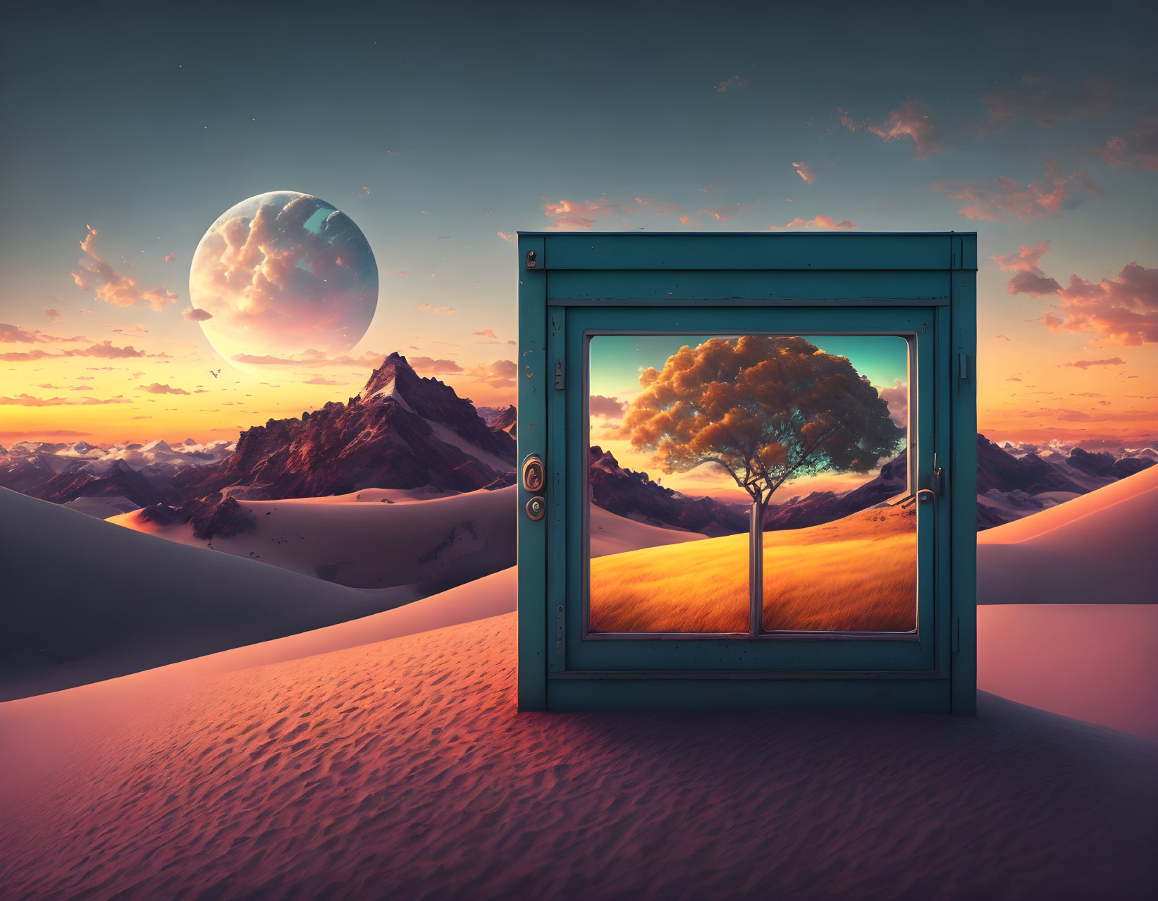 Surreal landscape featuring door on sand dunes, tree, mountains, moon, and pink sky