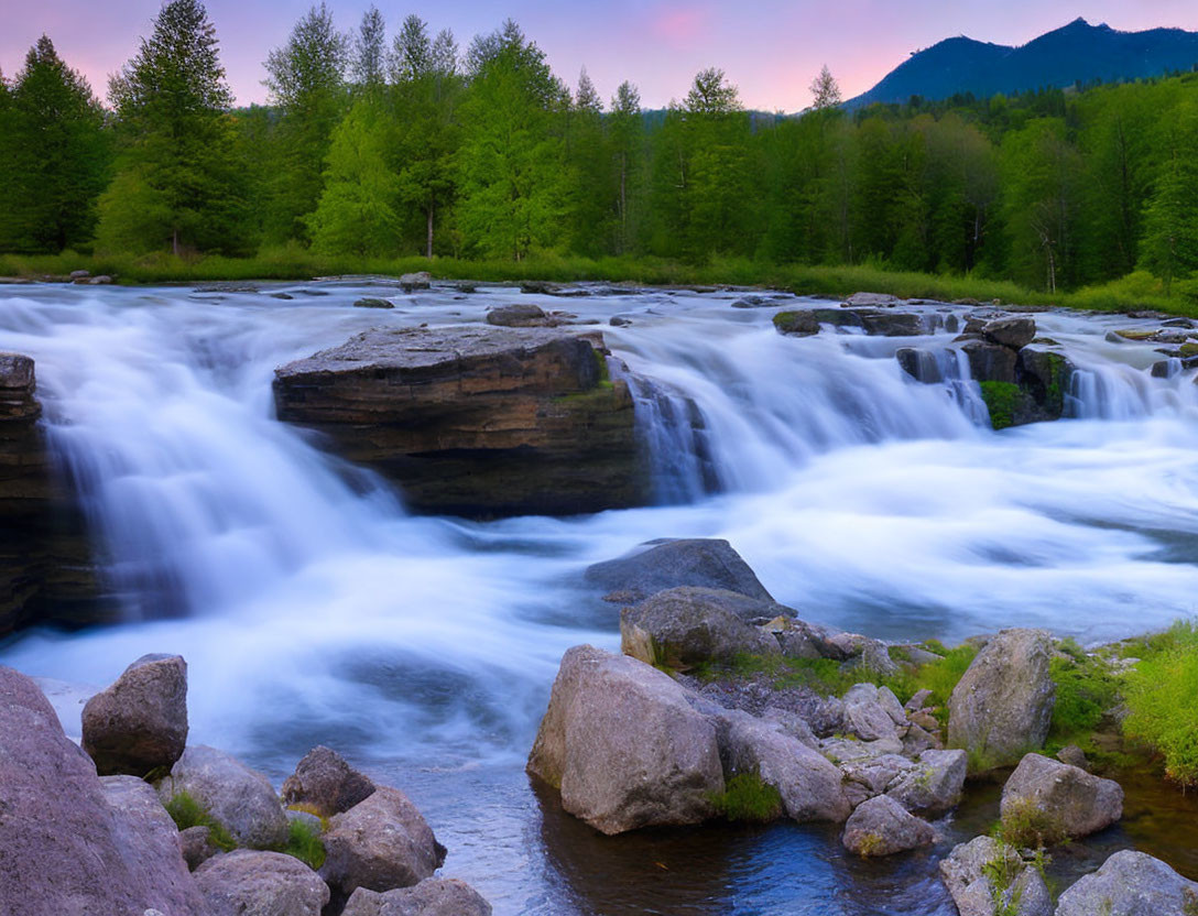 Tranquil waterfall in lush greenery under twilight sky