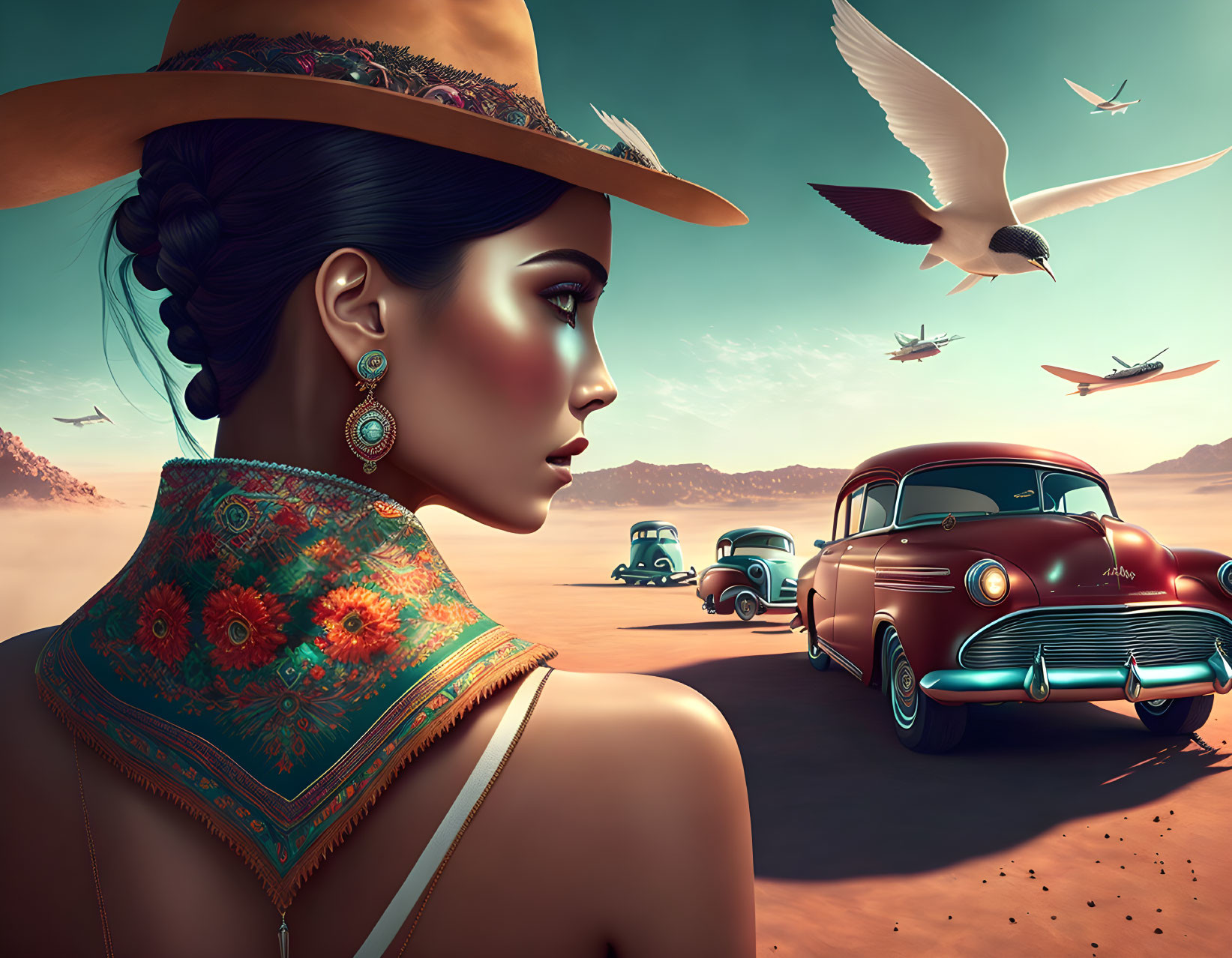 Woman in cowboy hat with vintage cars and birds in desert dusk.