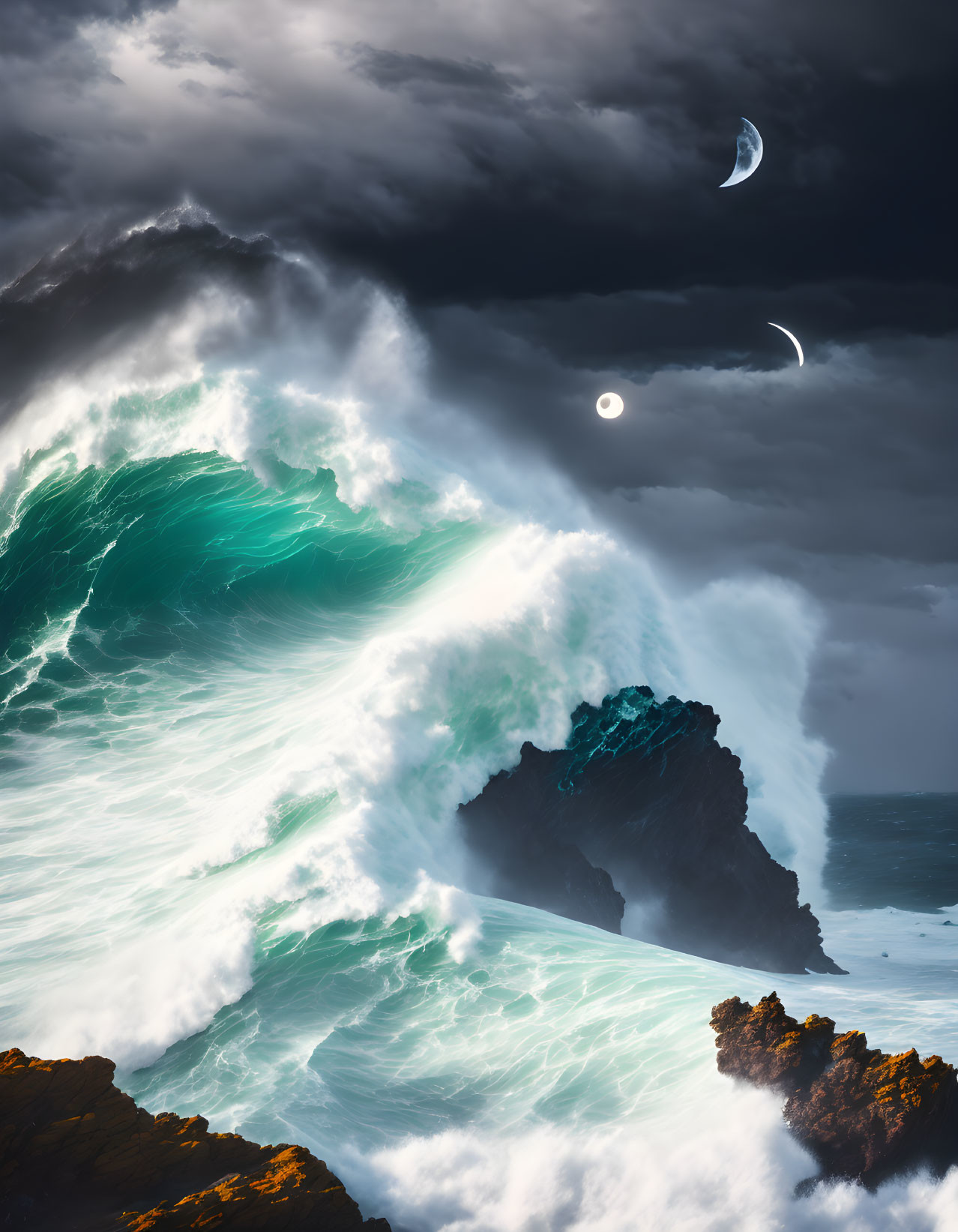 Dramatic ocean wave cresting near jagged rock under crescent moon and solar eclipse