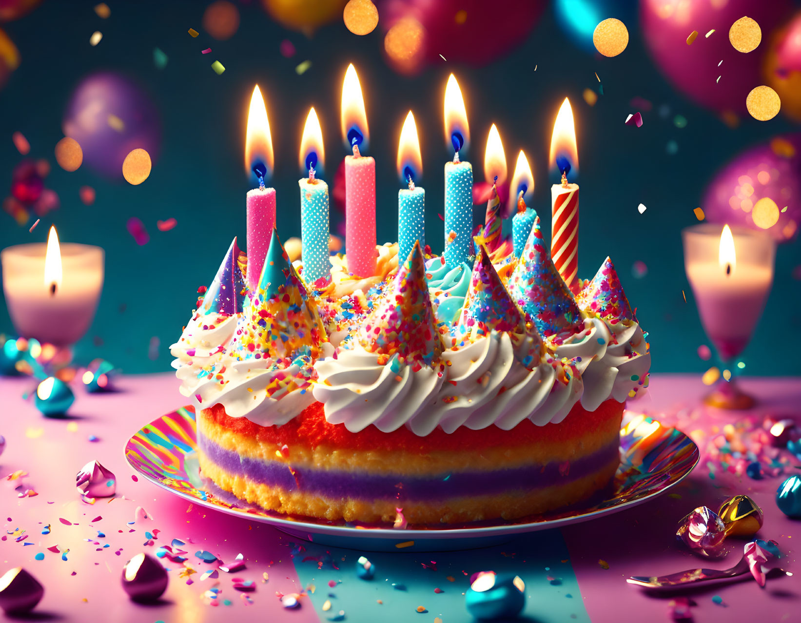 Colorful Birthday Cake with Candles, Sprinkles, and Balloons