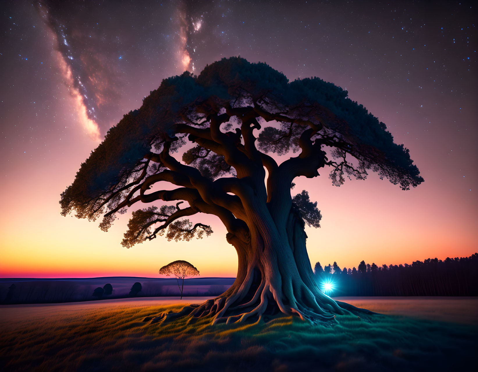 Majestic tree under starry sky with vibrant sunset and soft glow