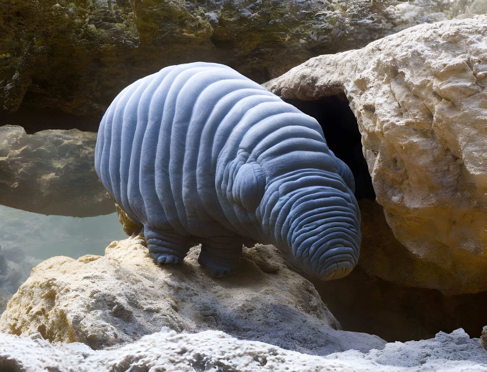 Blue segmented pill bug on rocky surface under sunlight