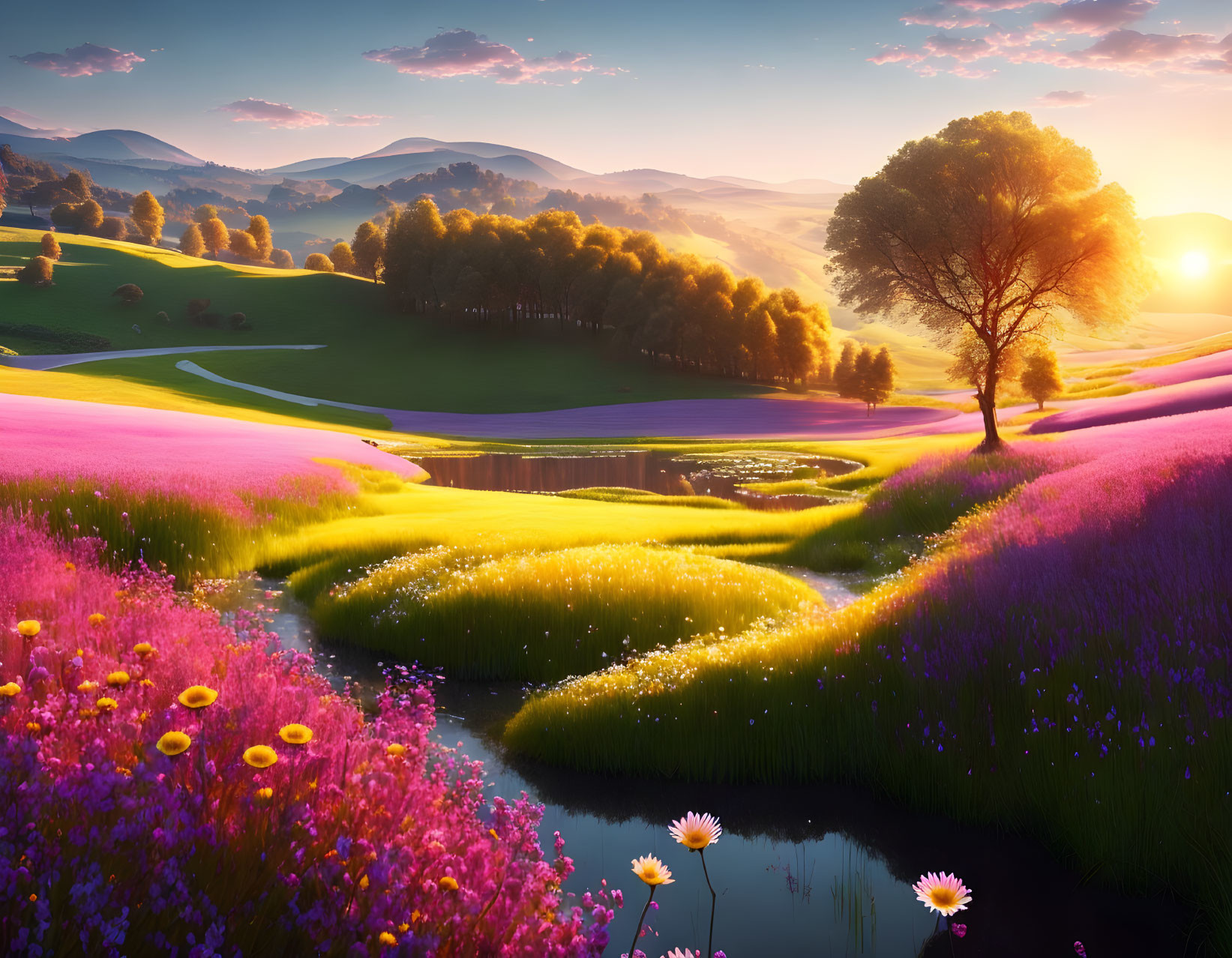 Scenic landscape with rolling hills, stream, colorful flowers