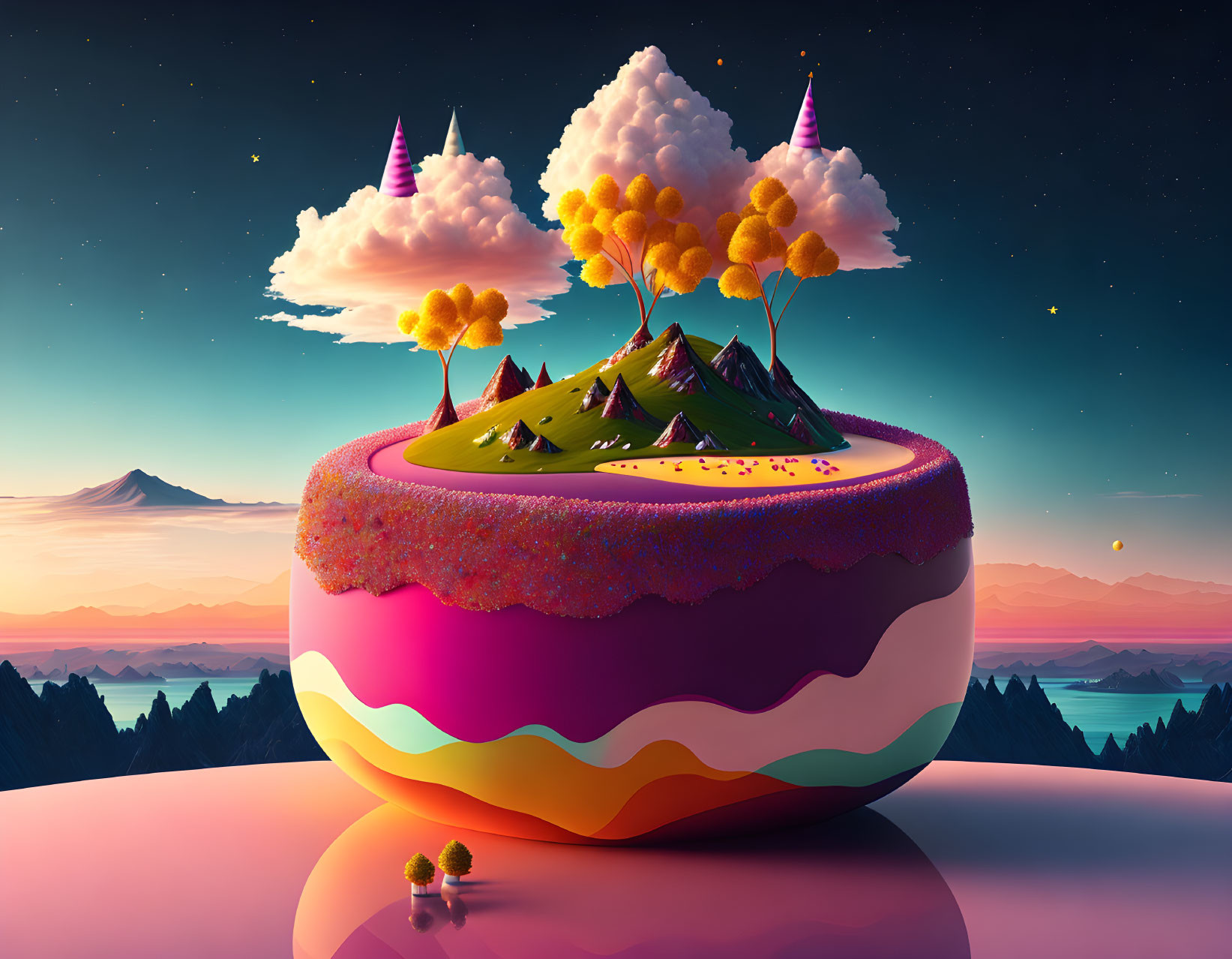 Fantasy landscape with floating fruit-like island and whimsical scenery