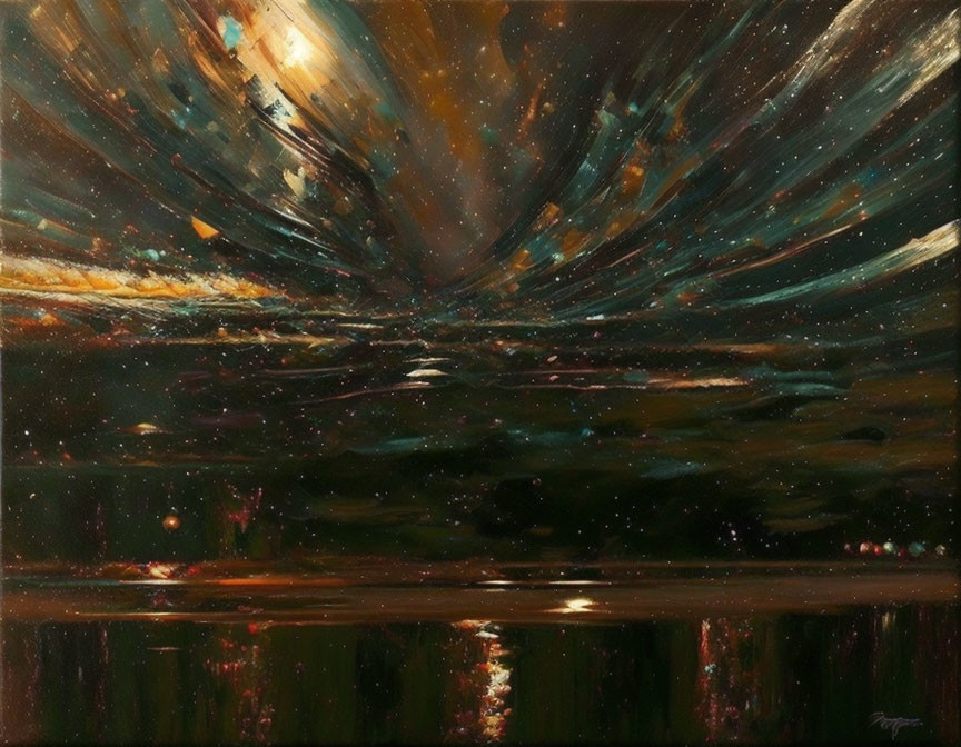 Cosmic painting with streaks of light and stars reflecting on water