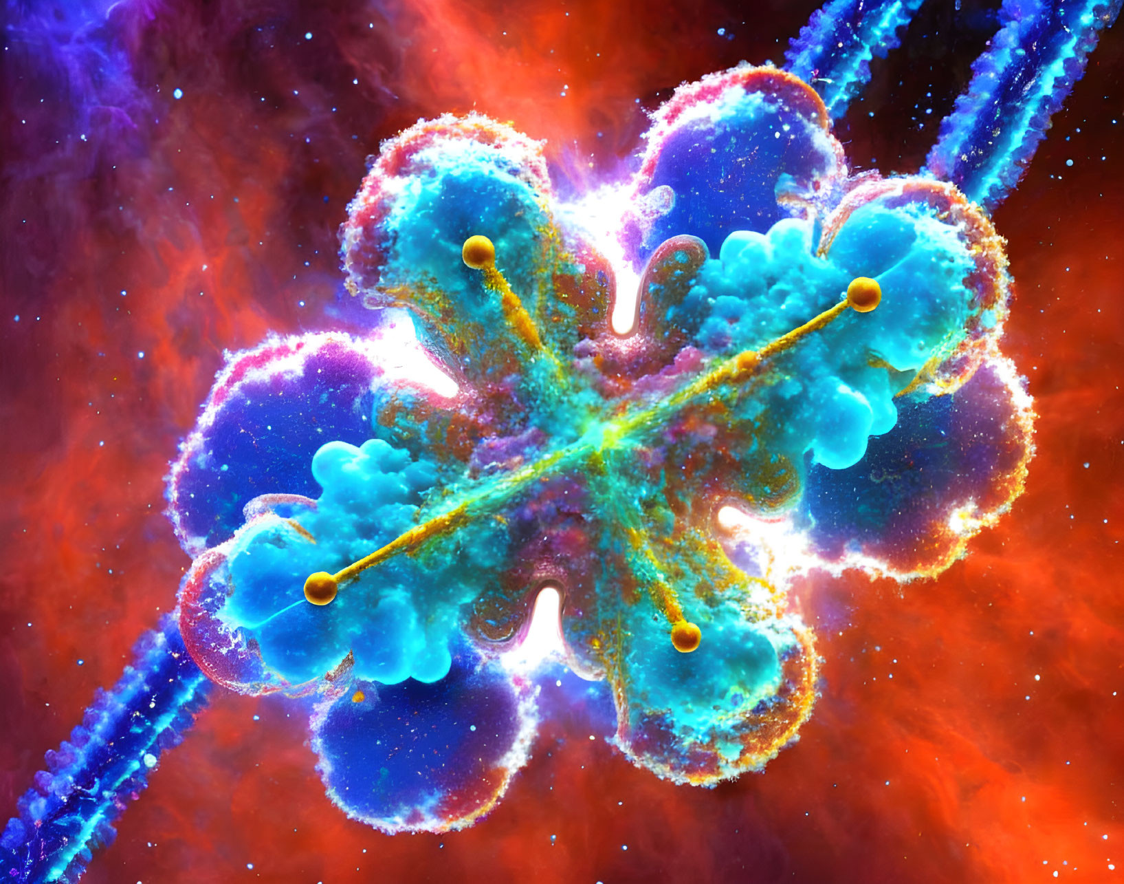 Colorful computer-generated molecule structure with neon blue and purple accents on golden rods.