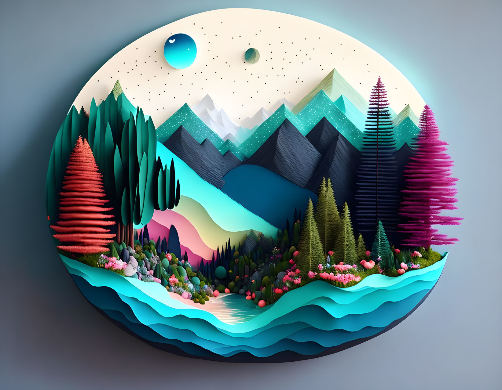 Circular frame nature scene with colorful trees, mountains, river, and celestial elements