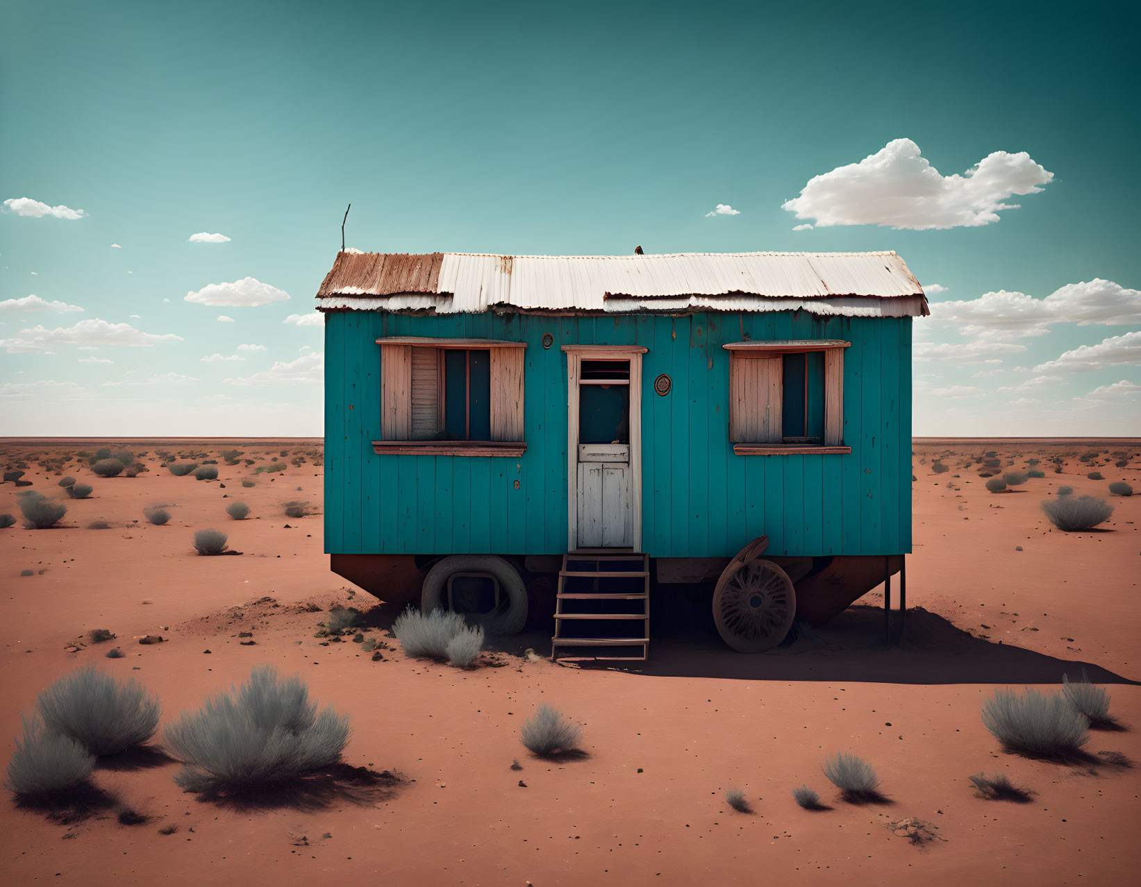 Vintage Turquoise Caravan in Desert with Rusty Roof