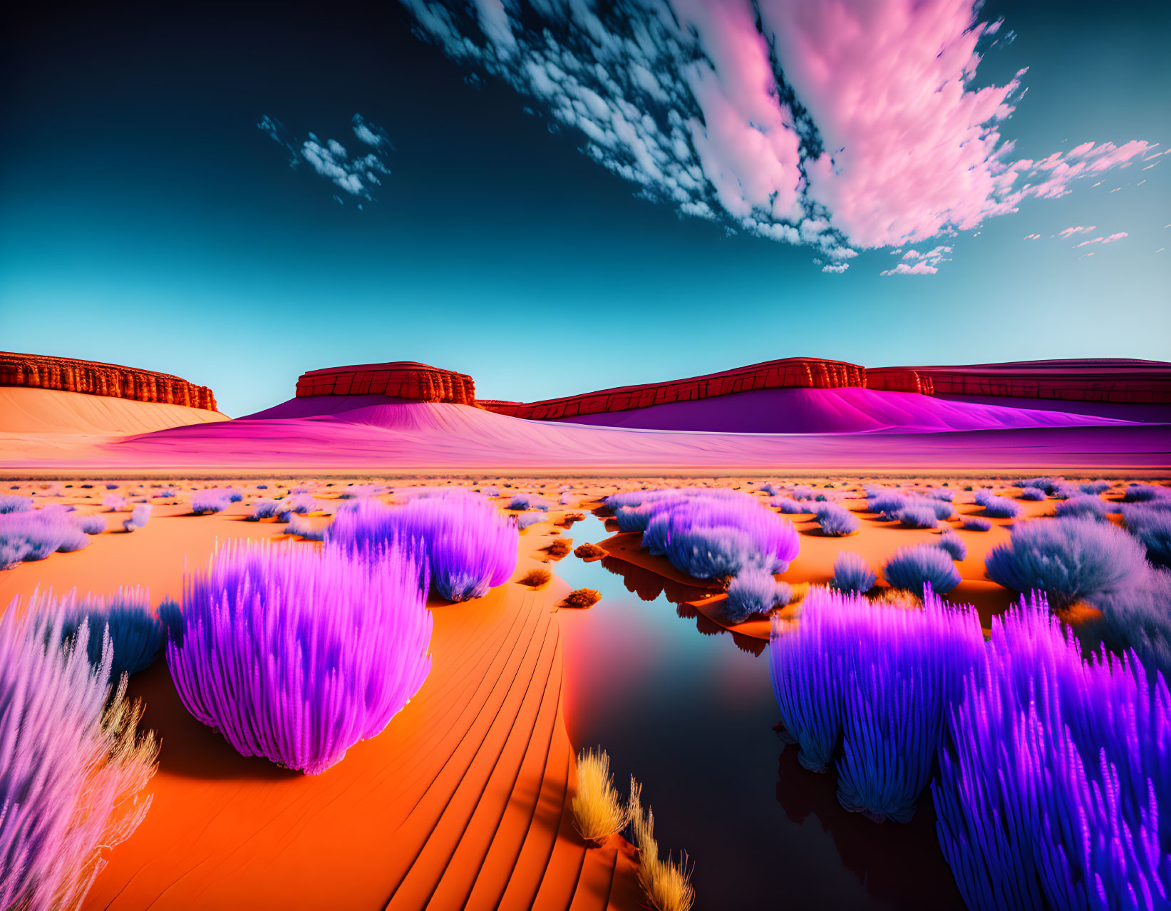 Surreal purple-toned desert landscape with reflective water body