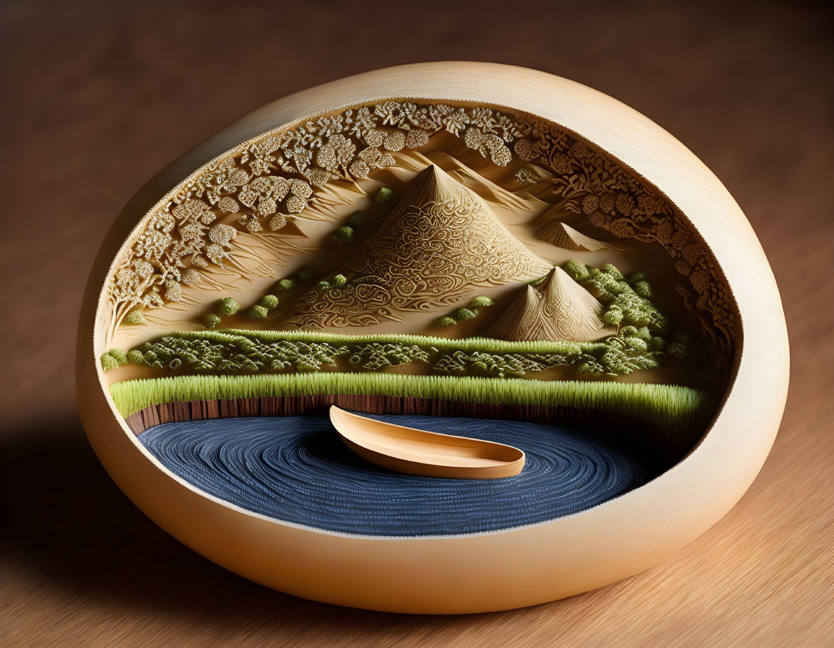 Layered Landscape Wooden Sculpture with Trees, Mountains, and Water Elements