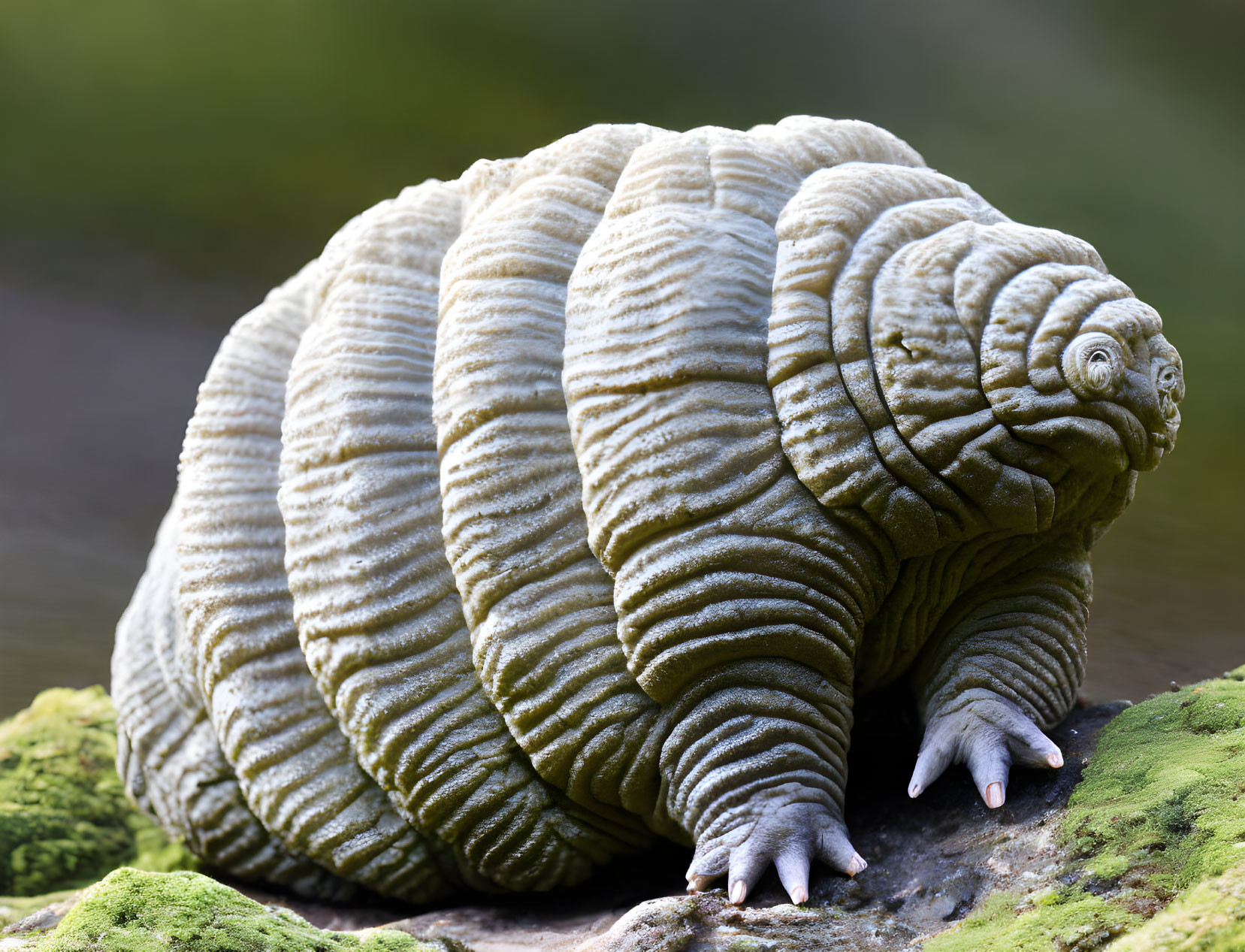 Wrinkled turtle-like creature with ring patterns on moss-covered rock