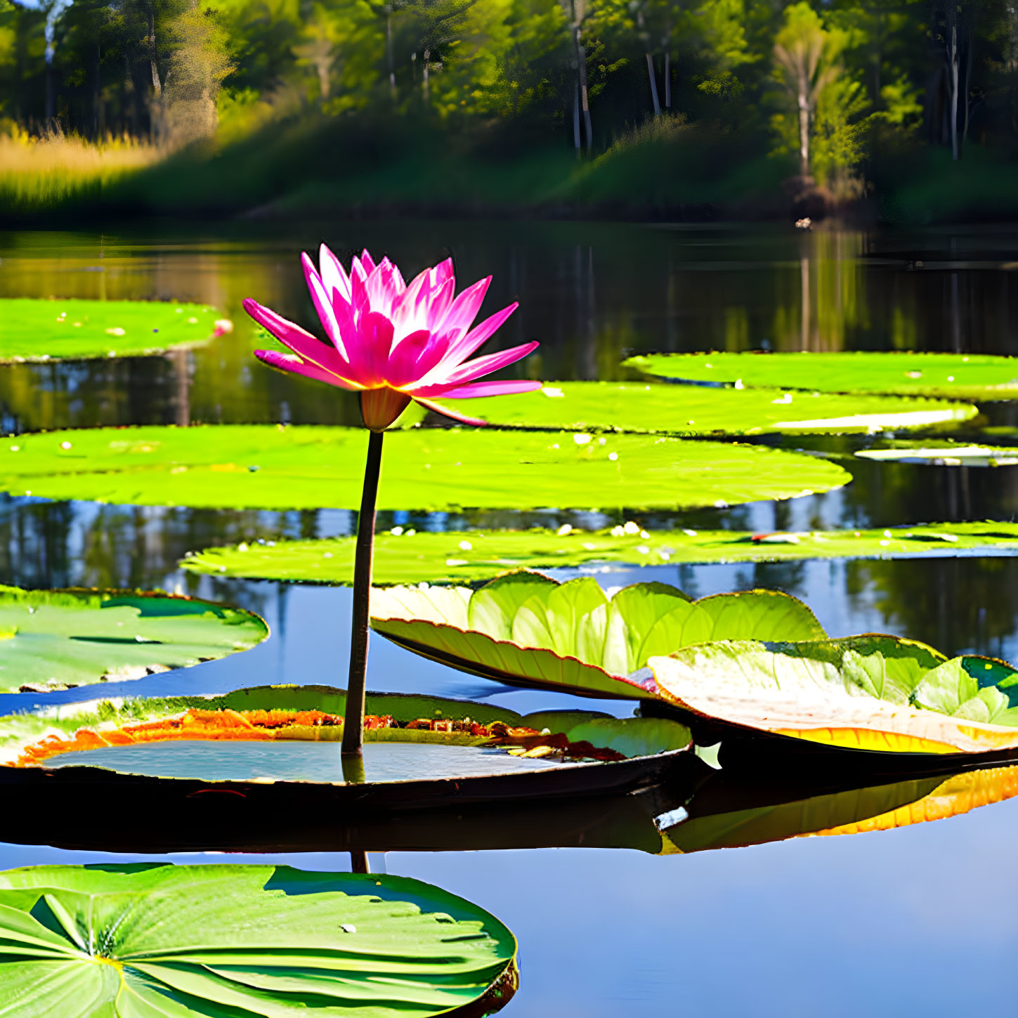 Pink water lily blooming on freshwater pond with green lily pads