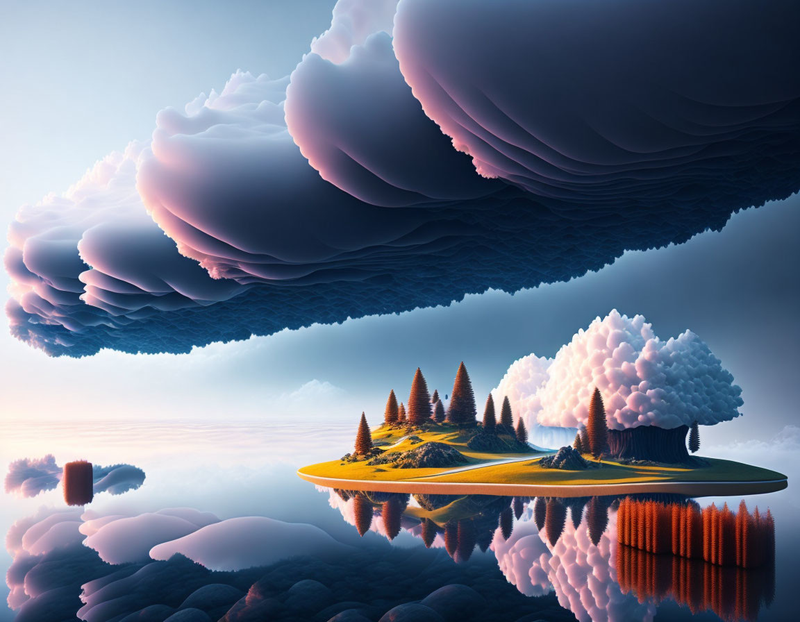 Surreal landscape with floating islands and reflective water