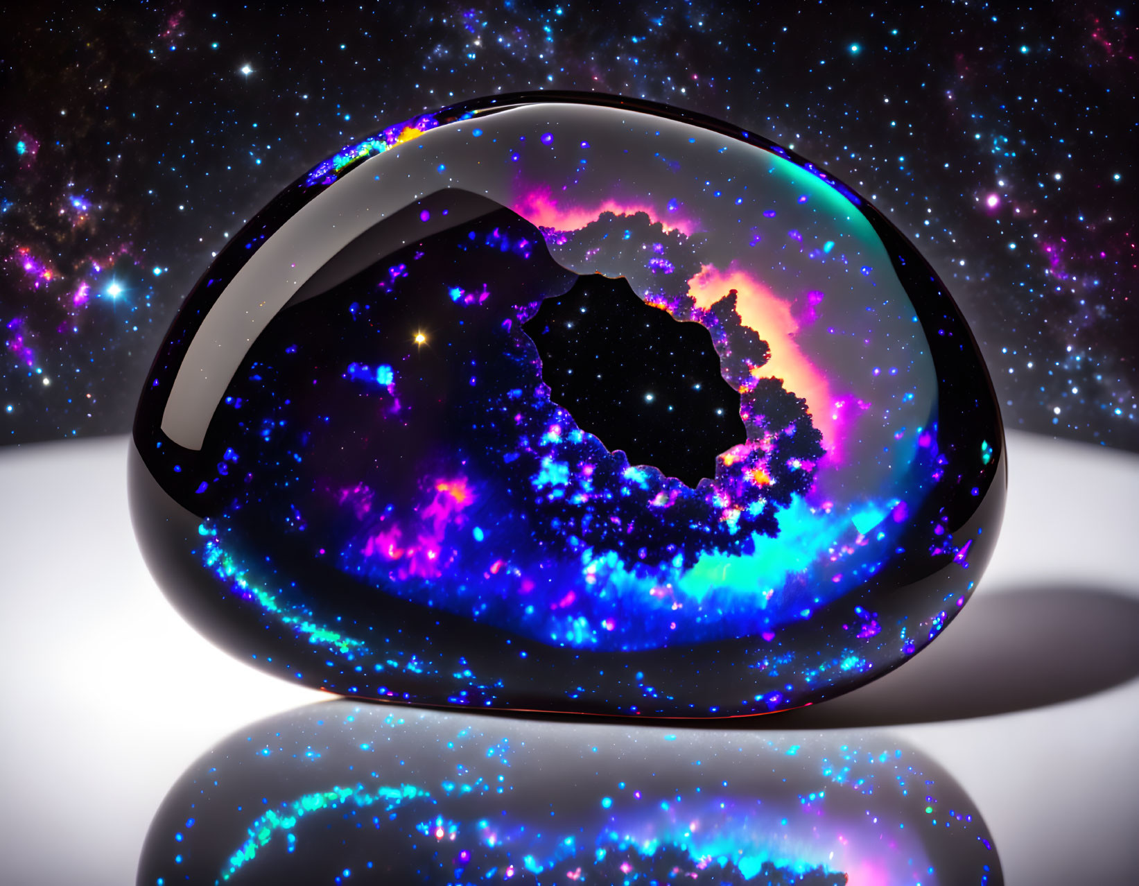 Black Pebble with Cosmic Galaxy Pattern on Starry Space Background