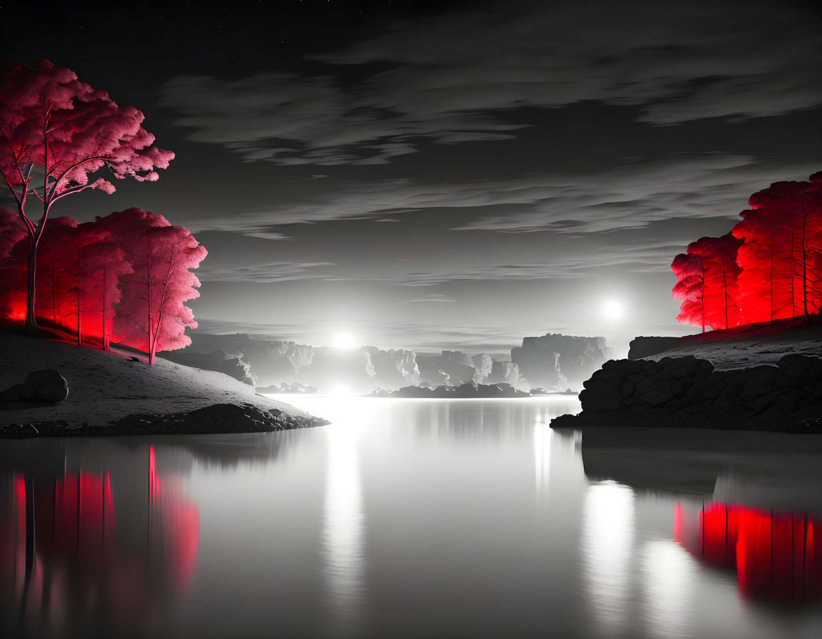 Monochrome landscape with red trees by illuminated lake at night