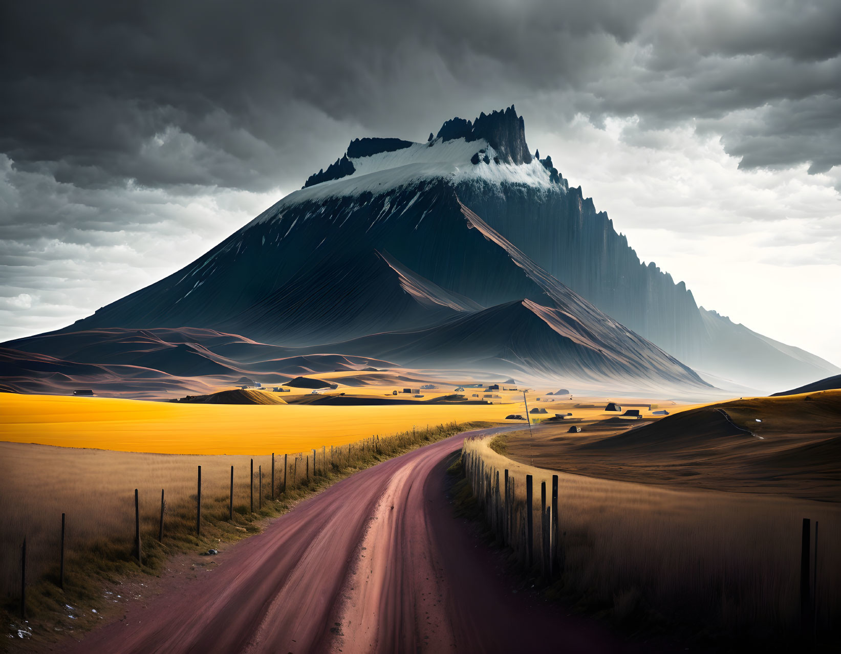 Majestic mountain landscape with dark sky, golden fields, and dirt road