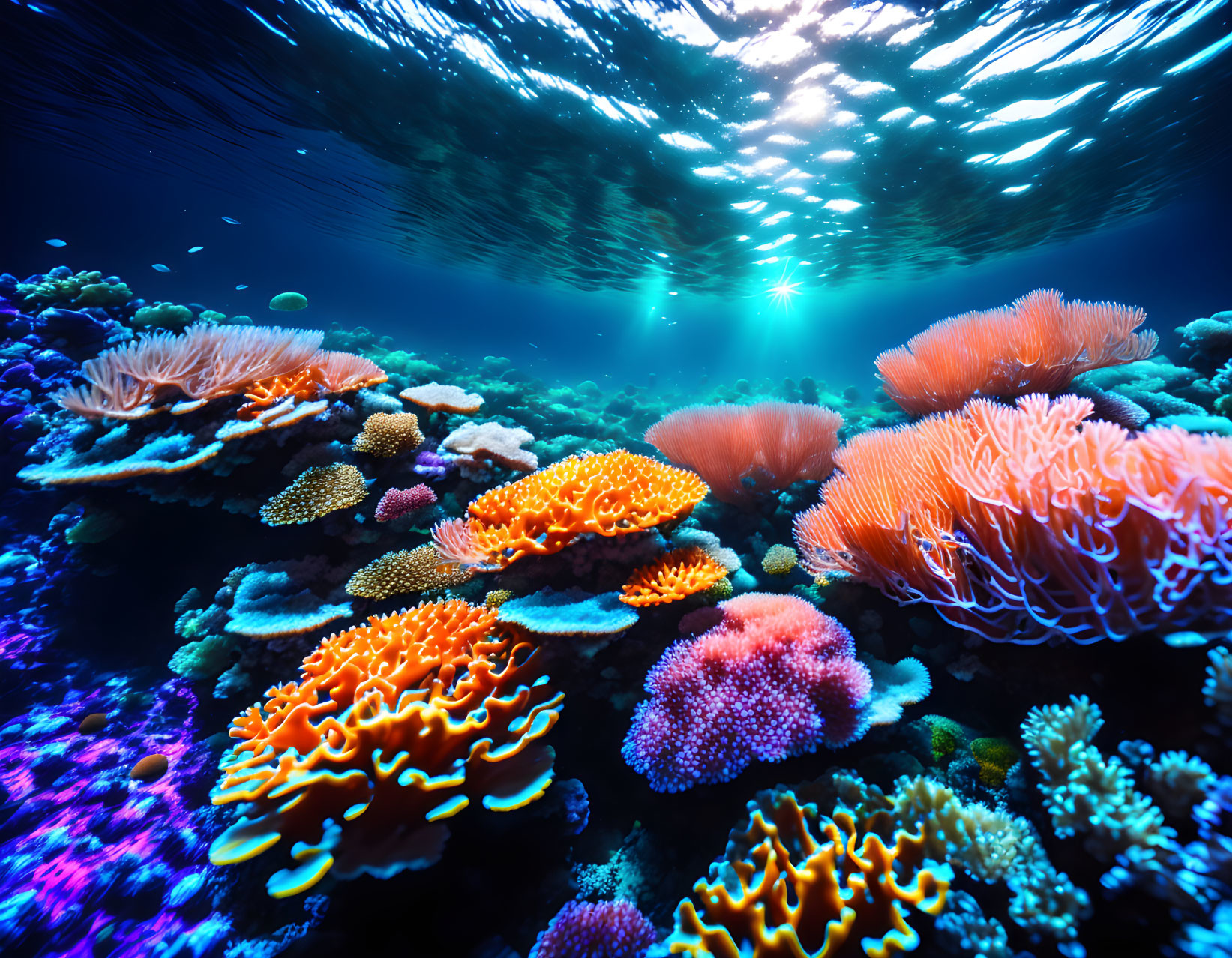 Colorful Coral Reef Teeming Under Sunlit Ocean Surface