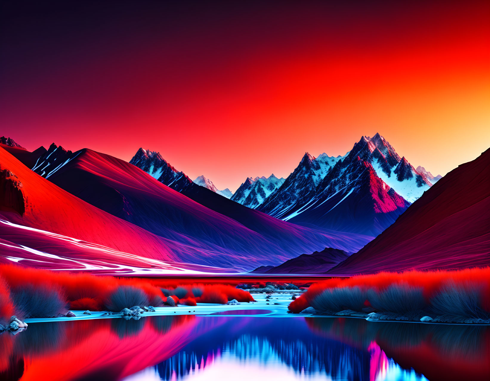 Colorful digital artwork: Mountain landscape in red and blue with sharp peaks, reflective lake