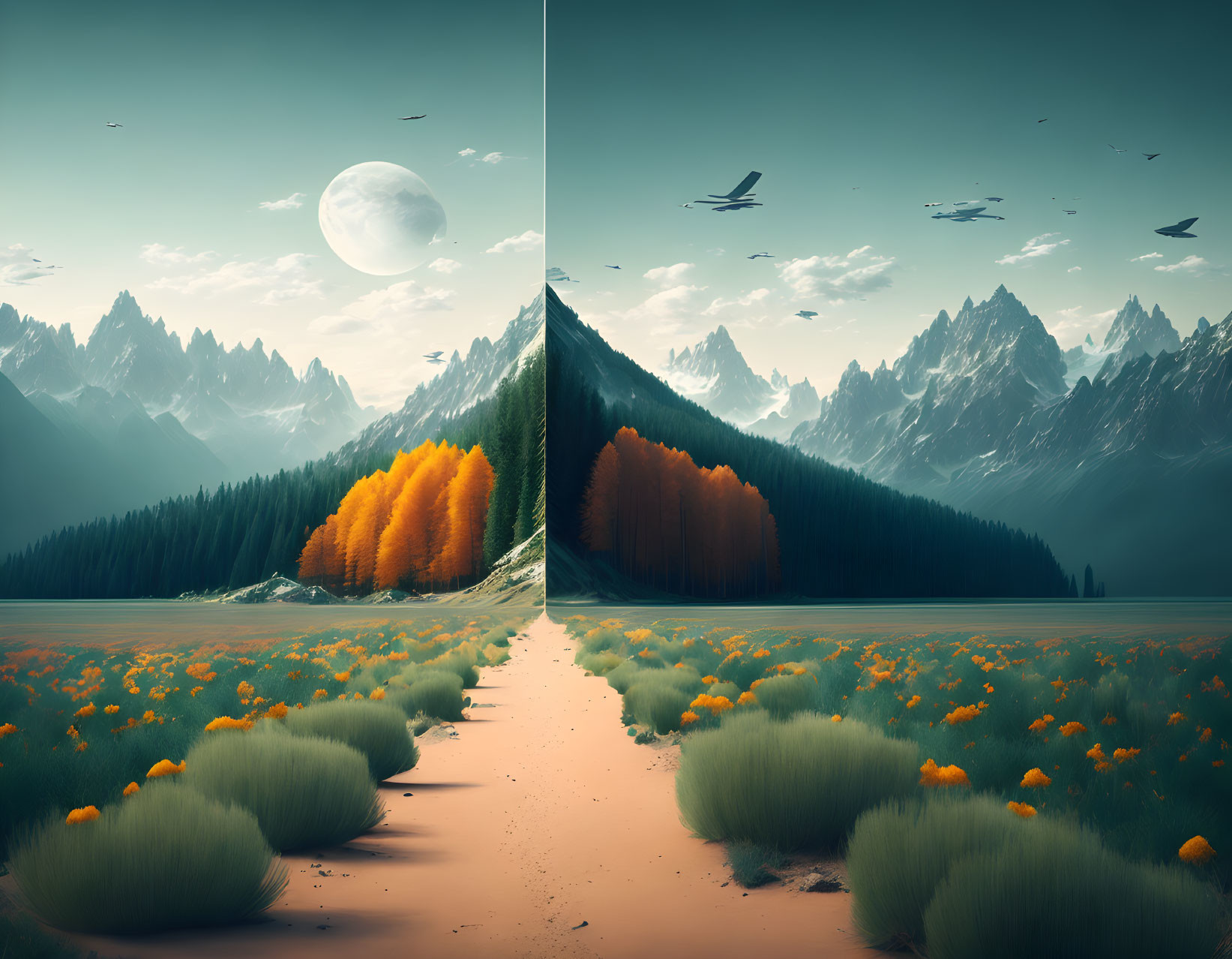 Split-Scene Landscape: Vibrant Daylight Forest vs. Moody Night Version