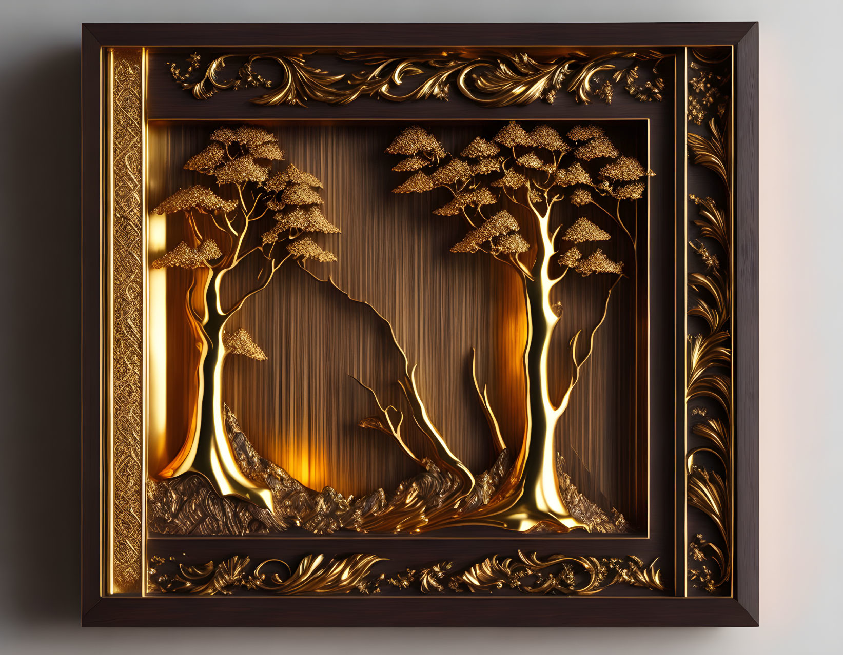 Luxurious 3D art: Golden trees with textured leaves in ornate gilded frame