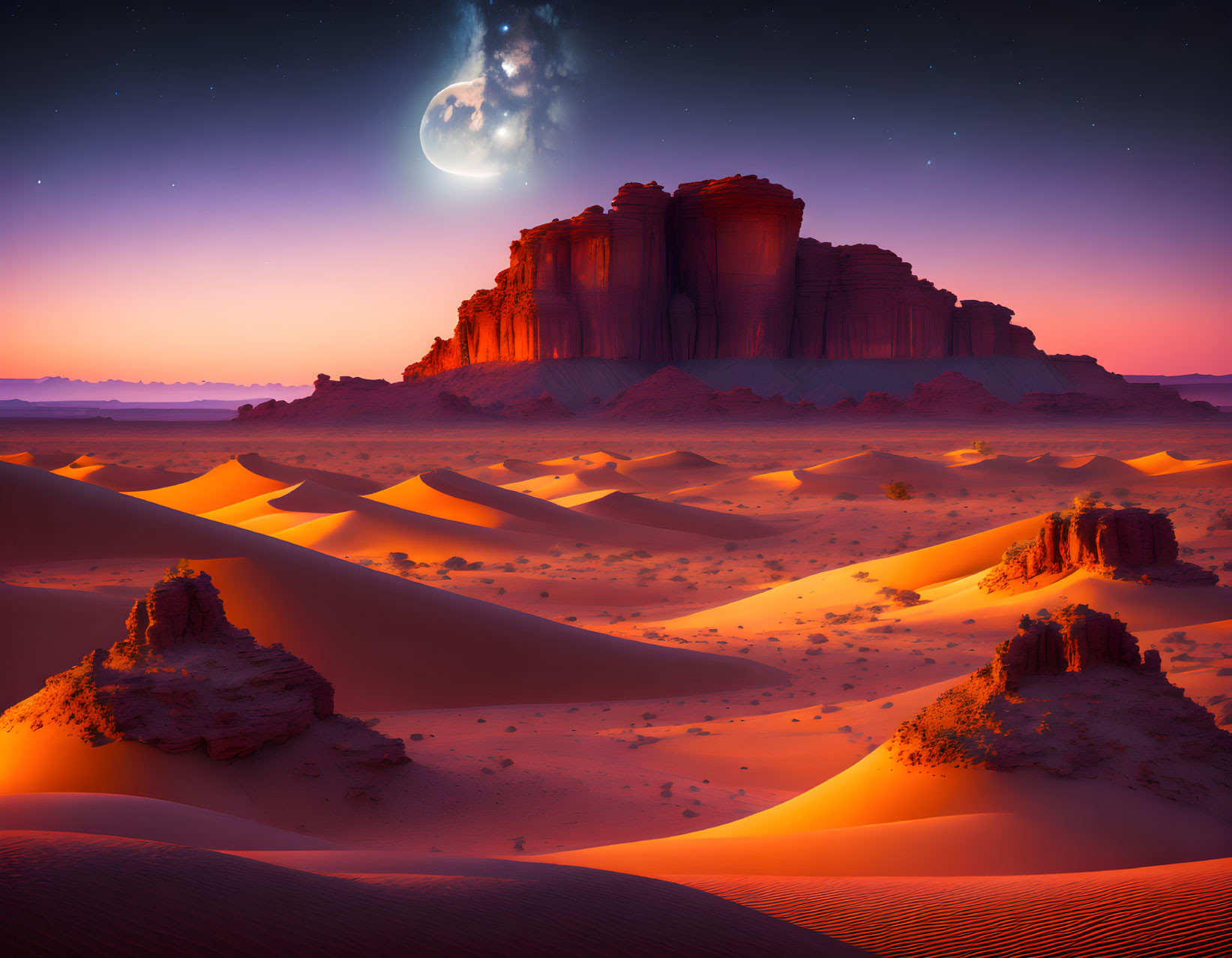 Twilight desert landscape with dunes, rock formations, and large moon