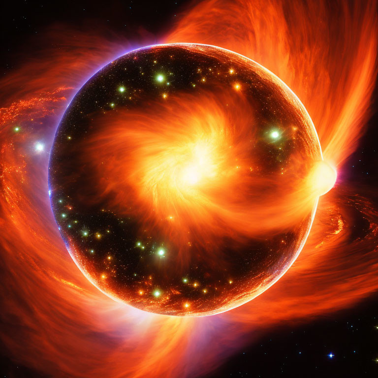 Colorful star or planet amidst orange and red cosmic clouds in dark space