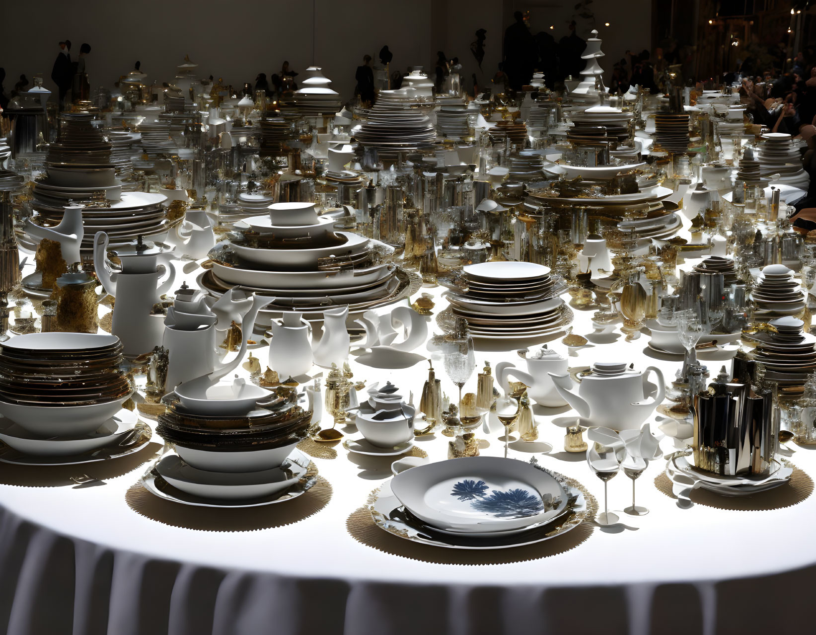 Assorted White Dinnerware and Glassware on Long Table