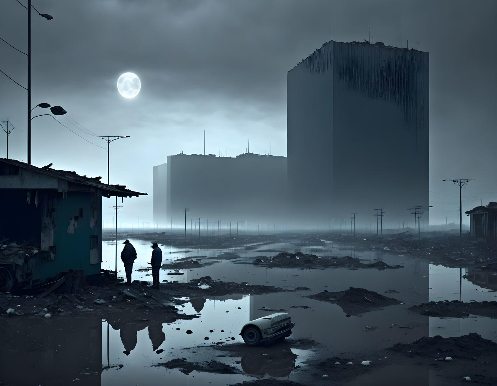 Moonlit dystopian scene with figures among dilapidated buildings