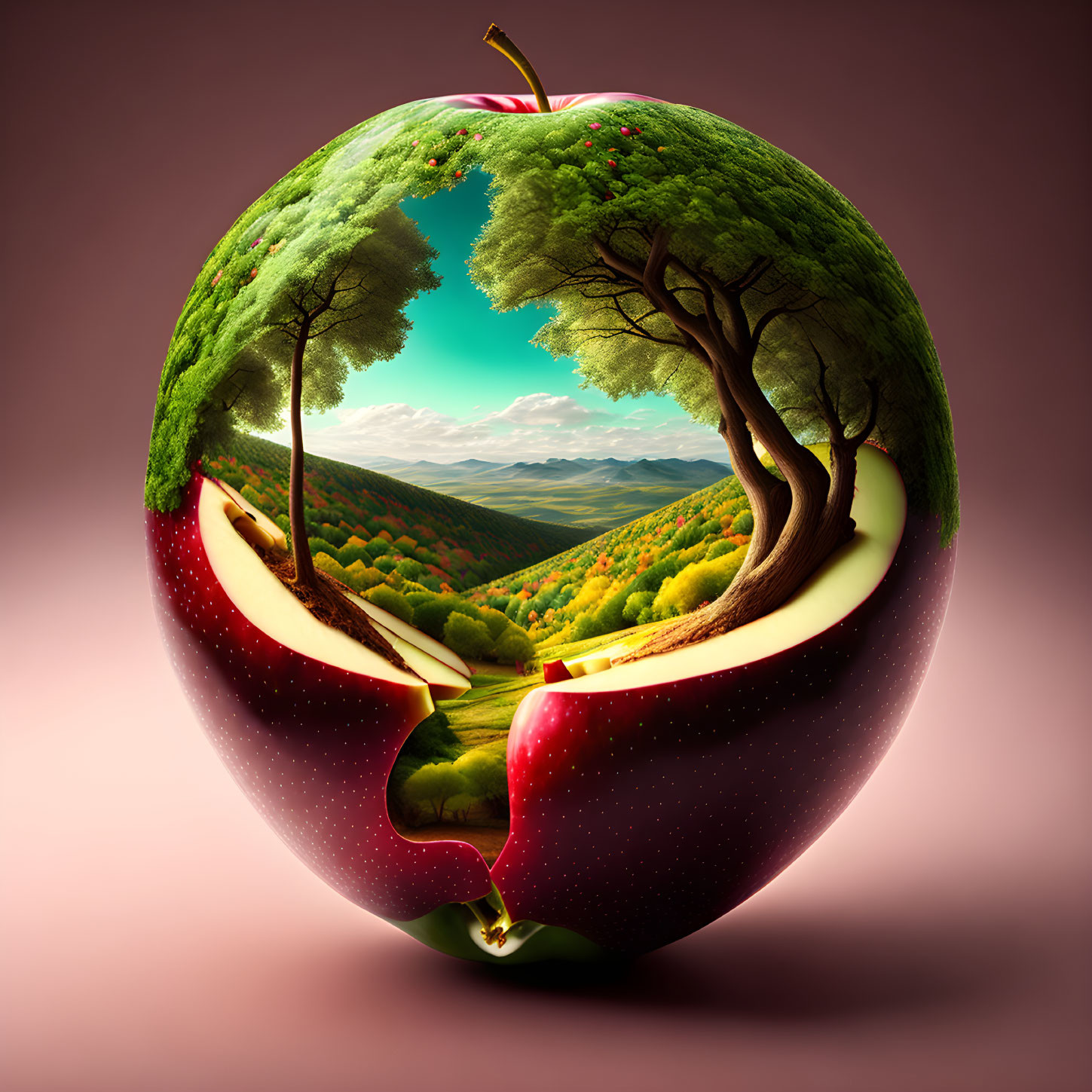 Digitally altered apple with vibrant landscape inside, against gradient background