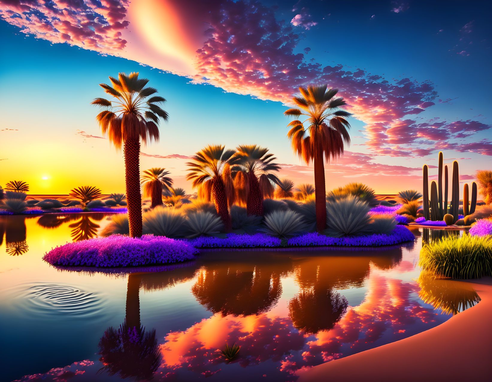 Colorful sunset over desert oasis with palm trees, cacti, and calm waters.