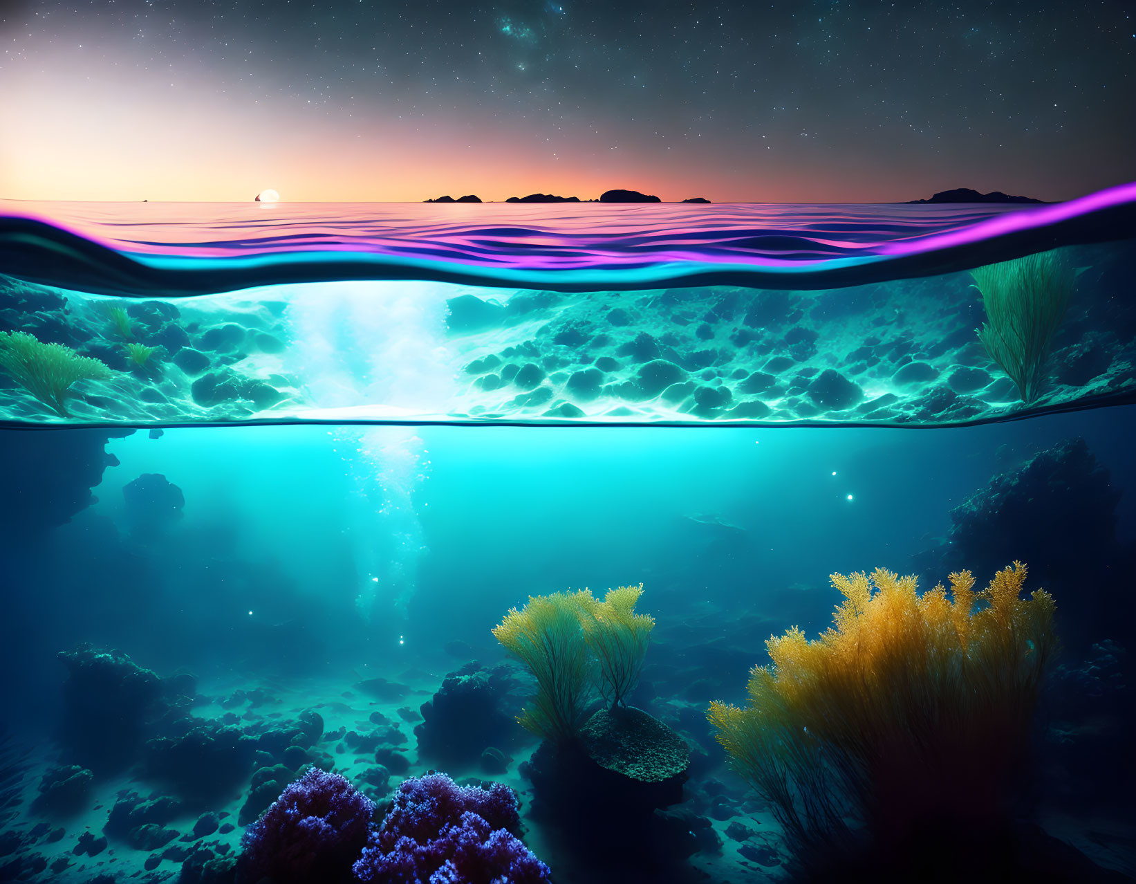 Tranquil split-view of underwater coral reef and sunset sky